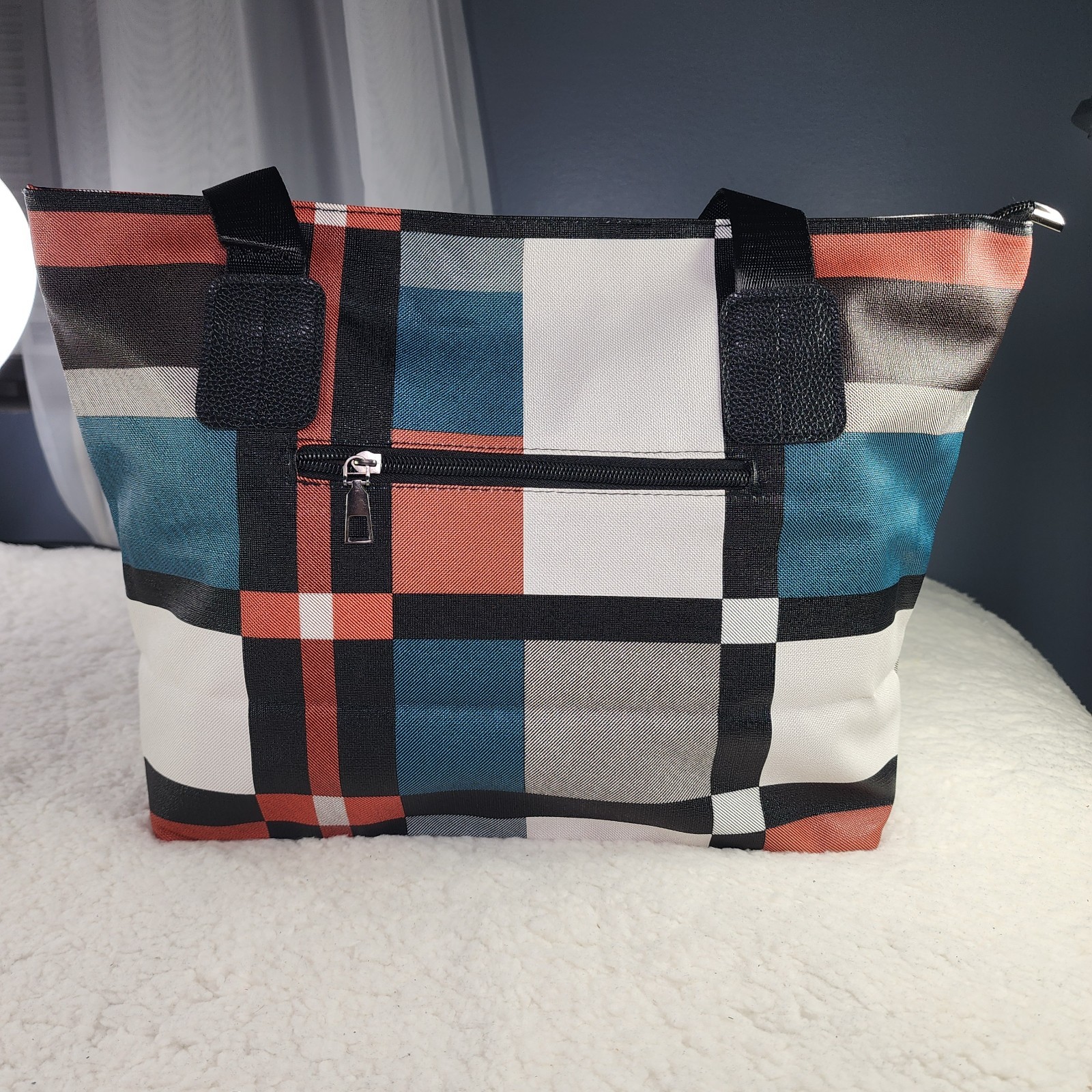 Fashion-Forward Modern Geometric Tote Bag – orange, green, white, black