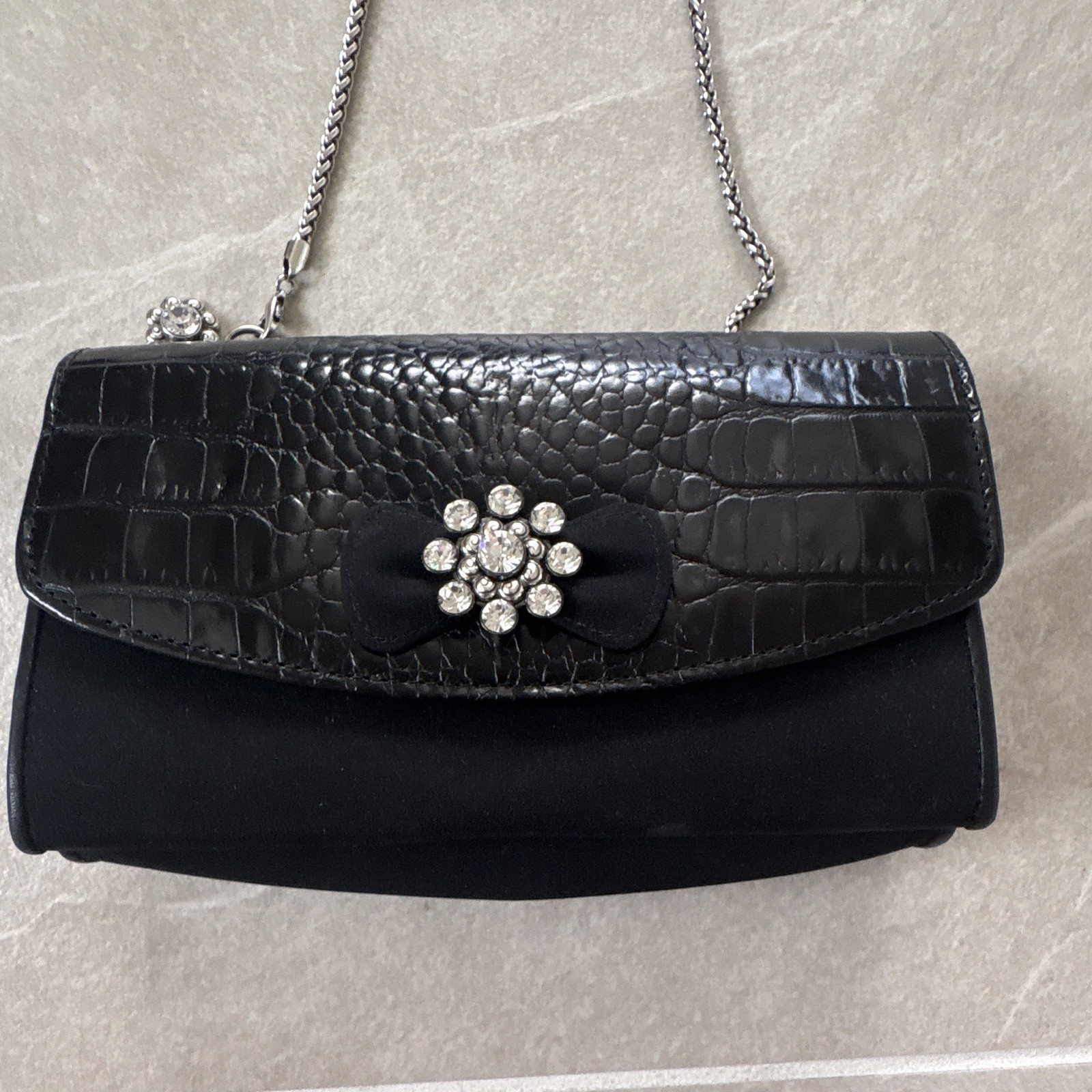 Brighton Black Croc Embossed Crossbody Clutch Chain Strap, Rhinestone Bow