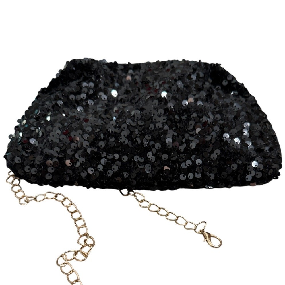 Sequin Black Pouch Clutch Evening Bag Formal Chain Shoulder Party Shiny Purse