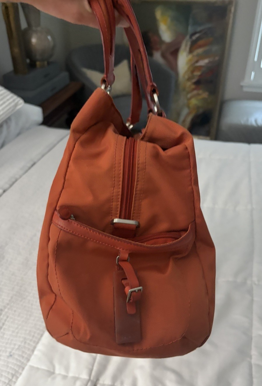 Tumi Tangerine Nylon Carry Bag / Purse Orange W Teal Lining Tracer Plate Ser. #