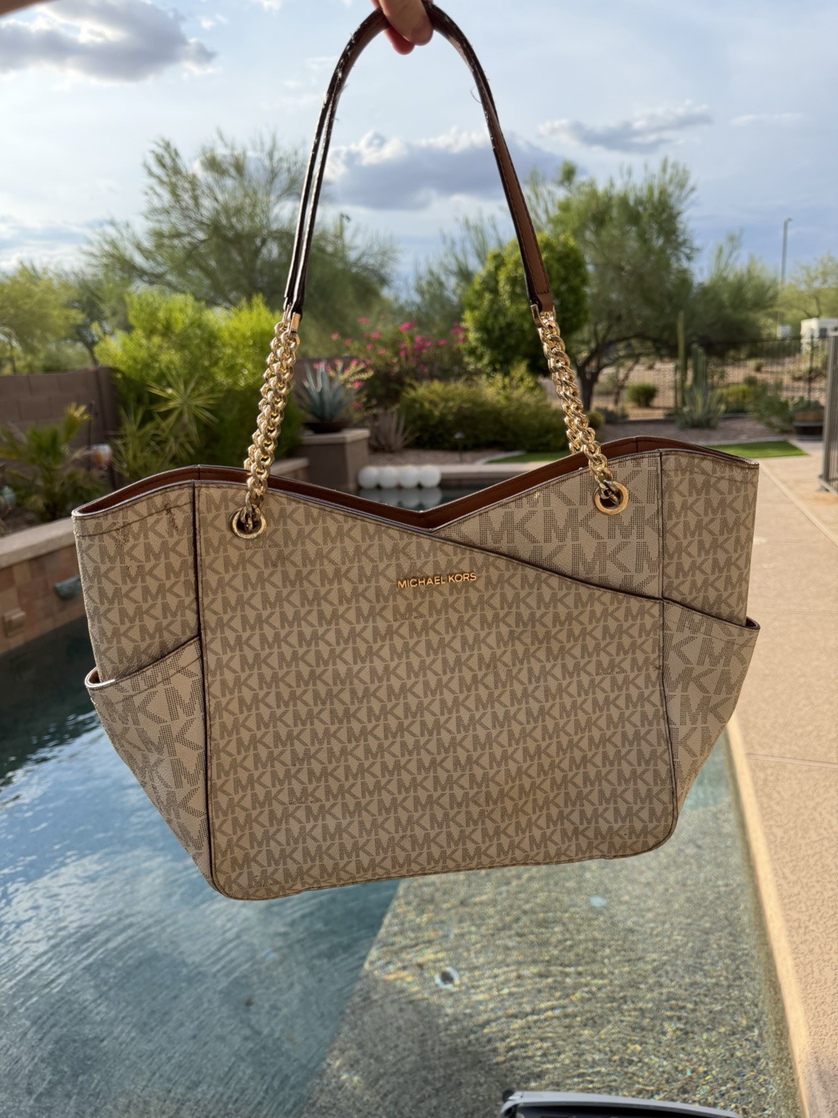 Michael Kors Beige/Brown Monogram Tote Shoulder Bag Zip Gold Chain Inner Pockets