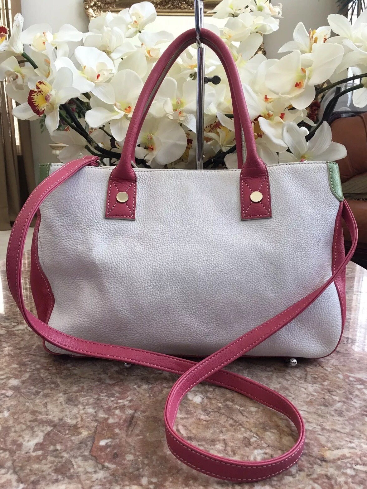 VALERIE STEVENS IVORY PINK MEDIUM GENUINE LEATHER SATCHEL TOTE SHOULDER BAG EUC