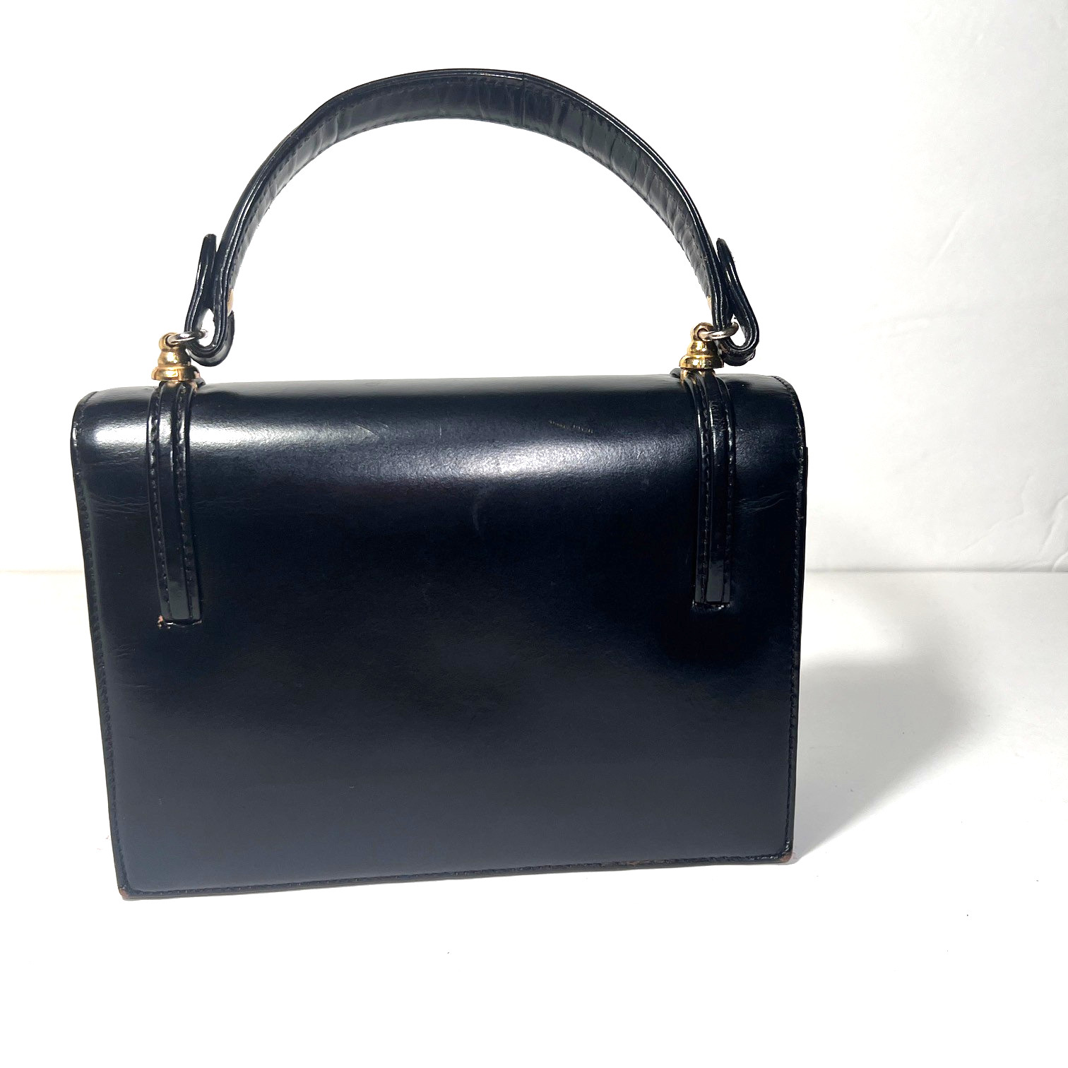 Vtg Tano of Madrid Small Black Leather Handbag Top Handle Flap Turnlock w/Mirror