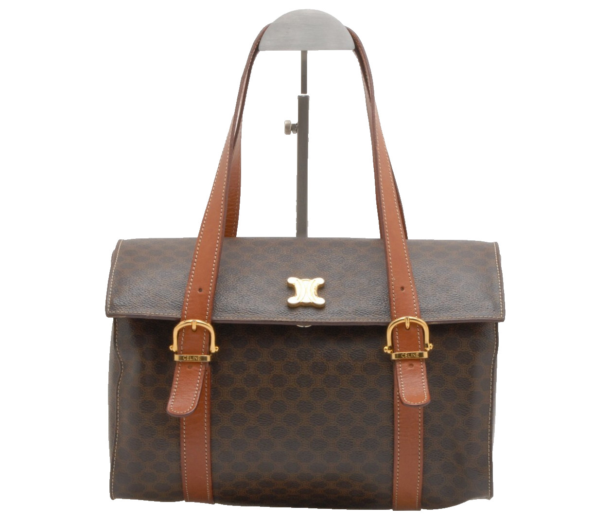 CELINE Macadam Boston Bag Brown PVC Leather Vintage Monogram Handbag