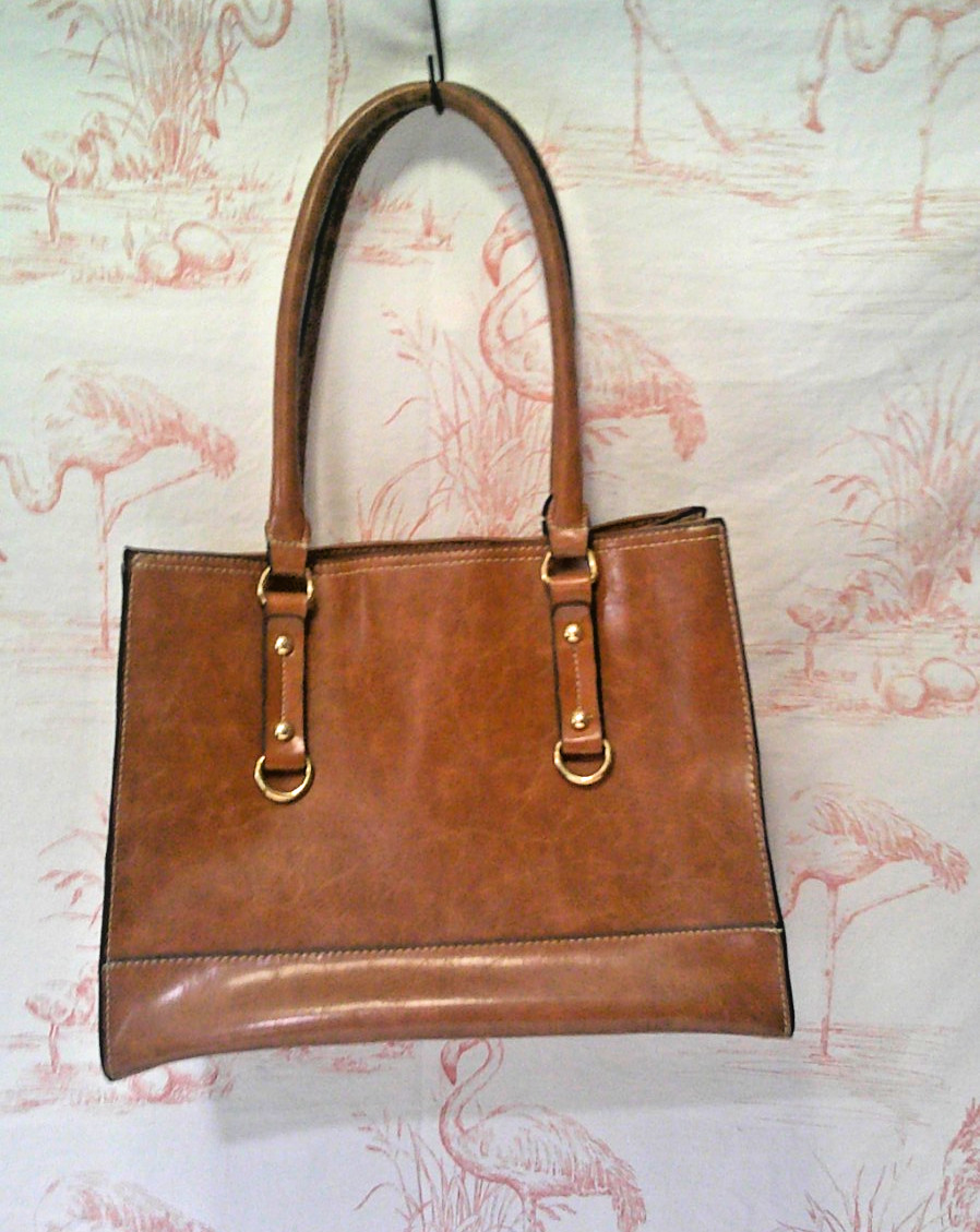 Designer Handbag Brown Faux Leather Leopard Material Lining Brass Hardware