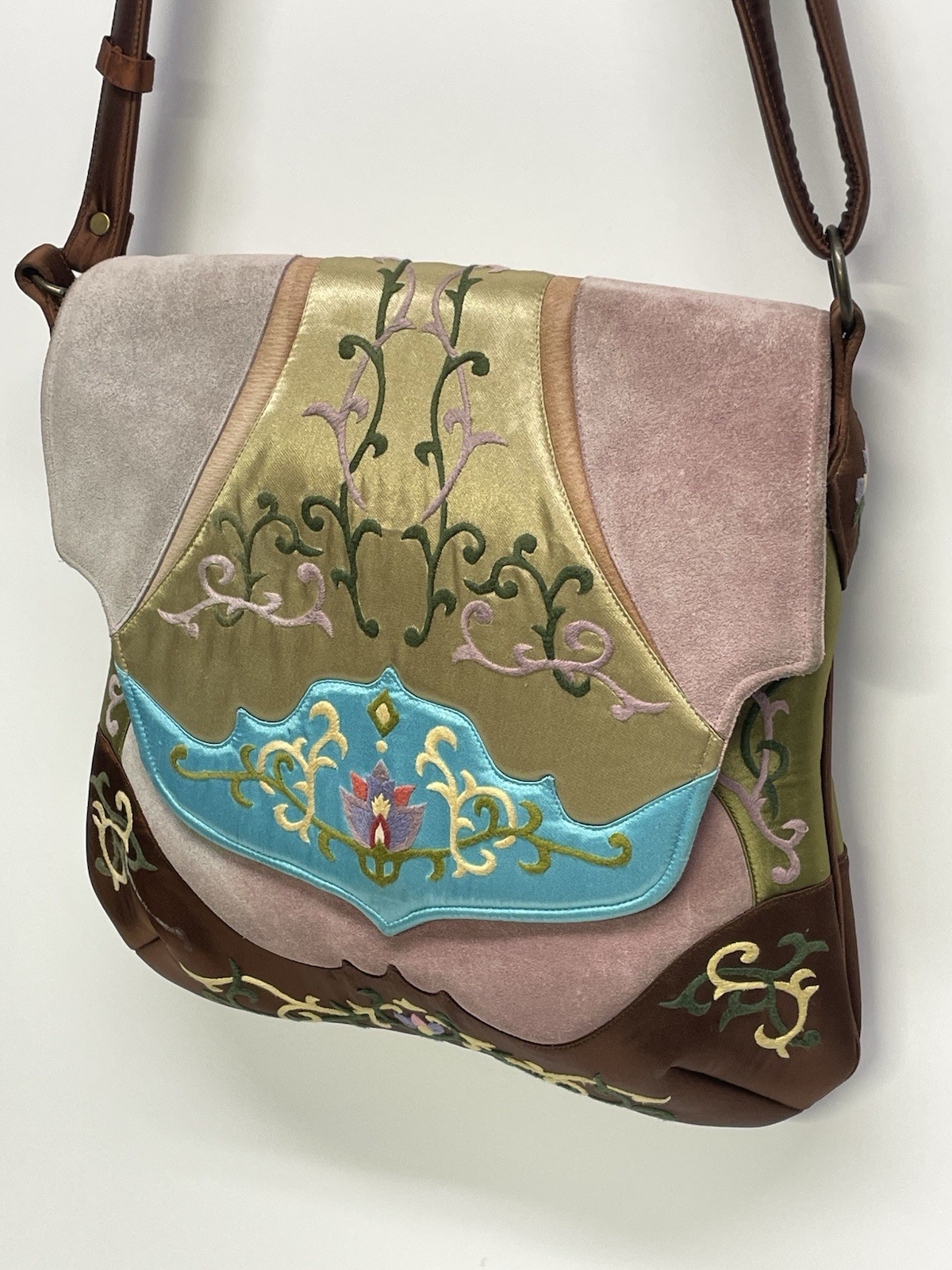 “Frozen” Embroidered Suede Satin Oovoo Crossbody Bag Evergreen Brown Multi Retro