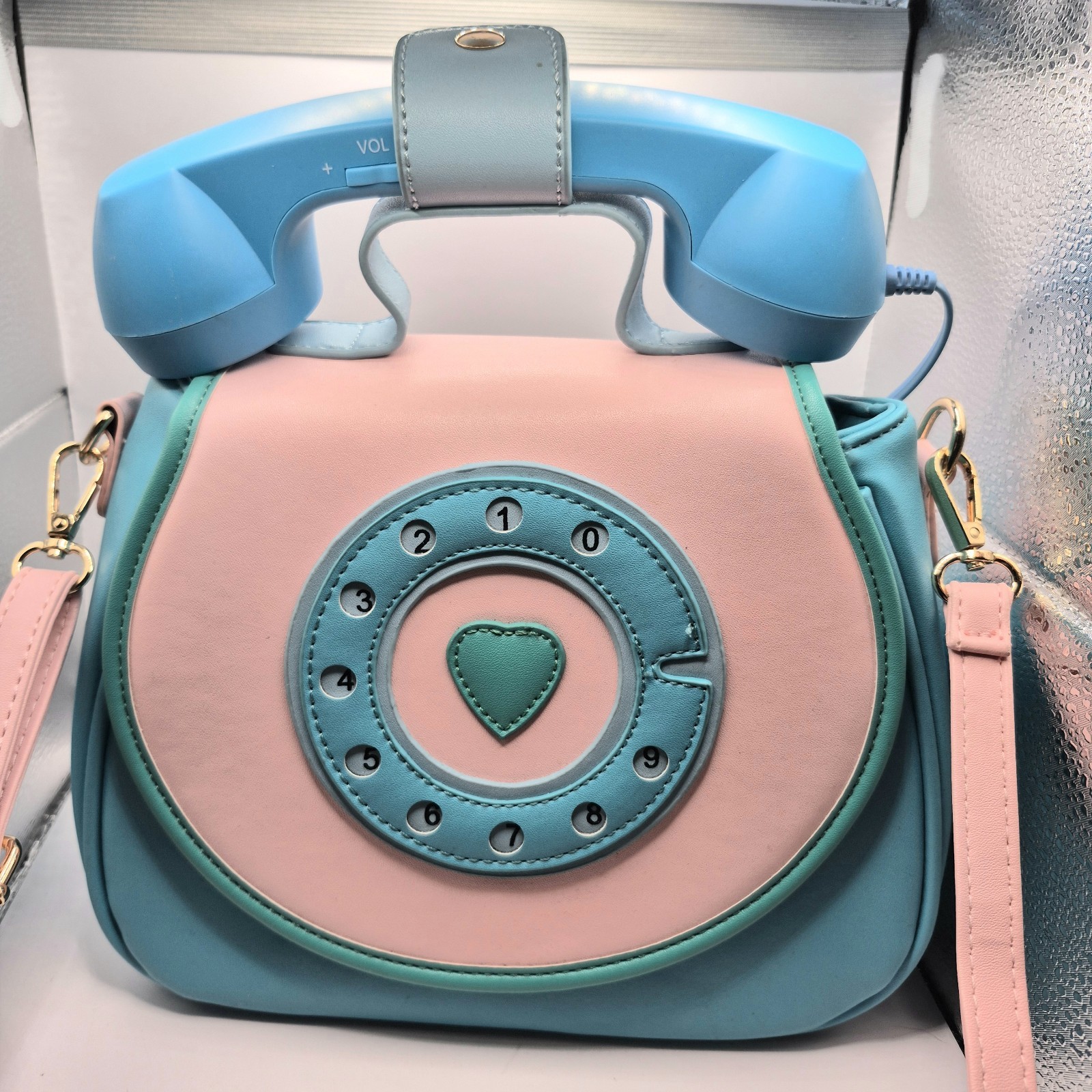 Blue Pink Rotary Telephone Novelty Satchel Top Handle Crossbody, Magnetic