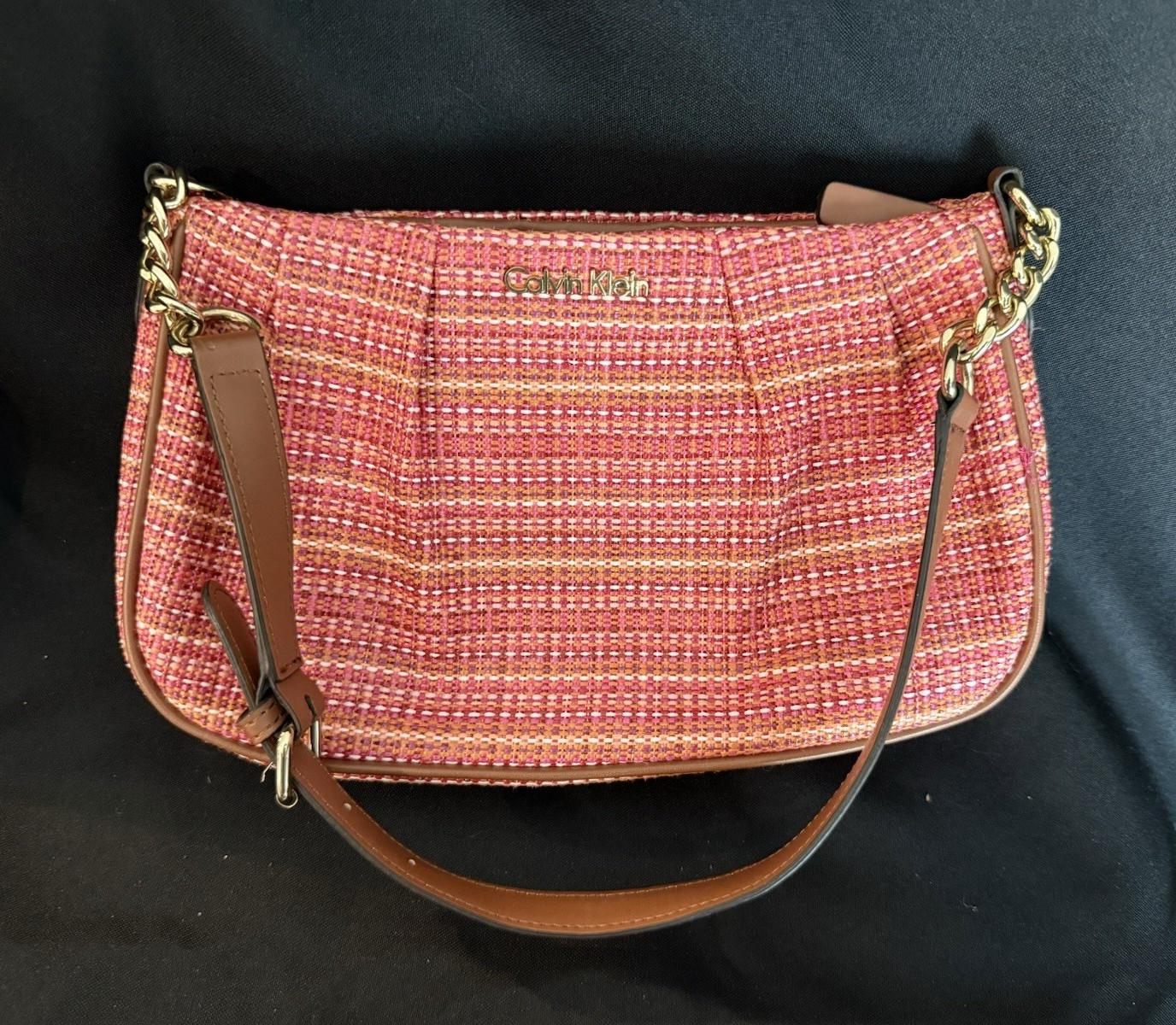Calvin Klein Pink Small Woven Shoulder Bag Zip Adjustable Brown Strap Gold