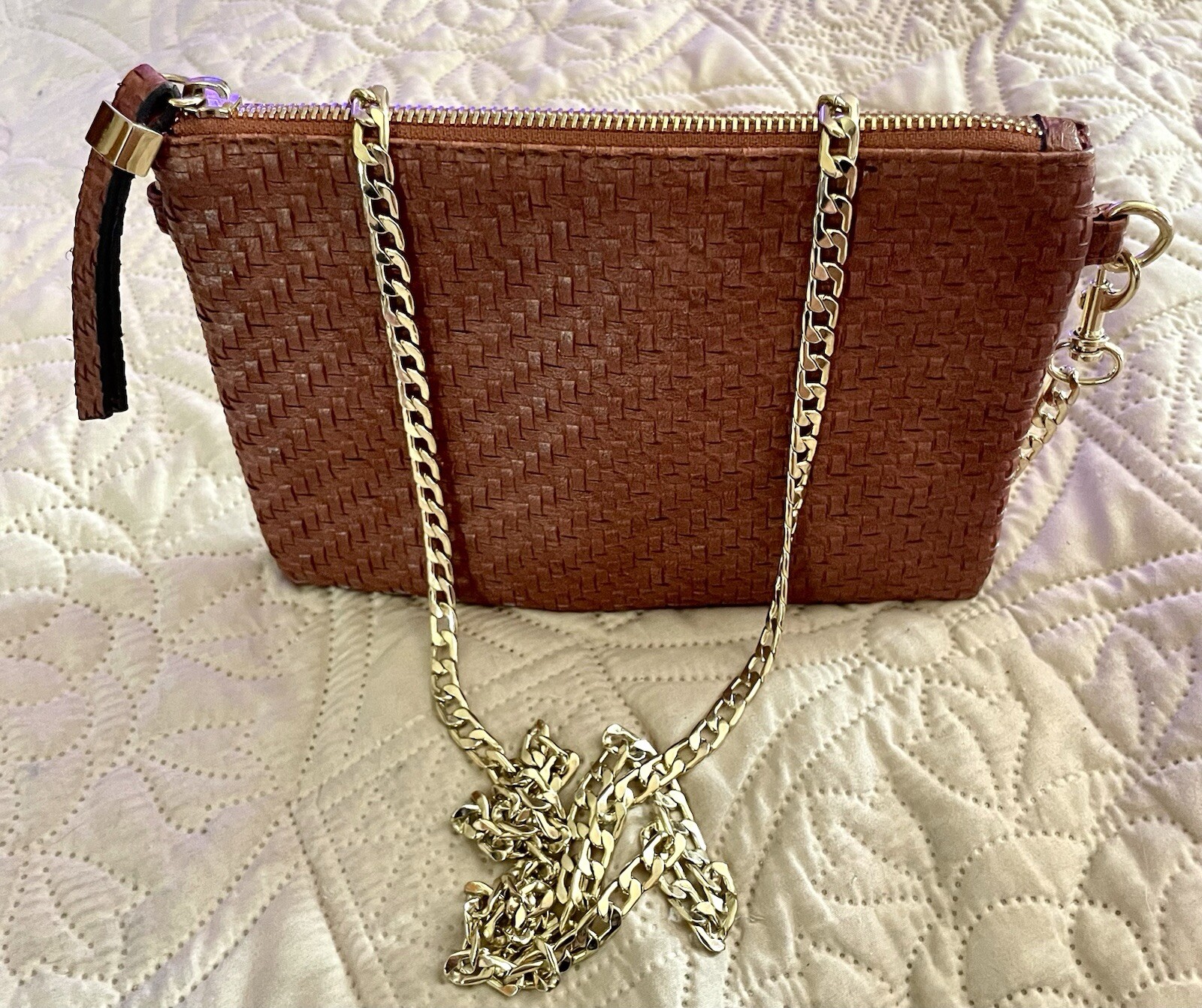 VTG Merona Bag Crossbody Purse Woven Brown Removable Gold Chain Strap 8×5 Inches