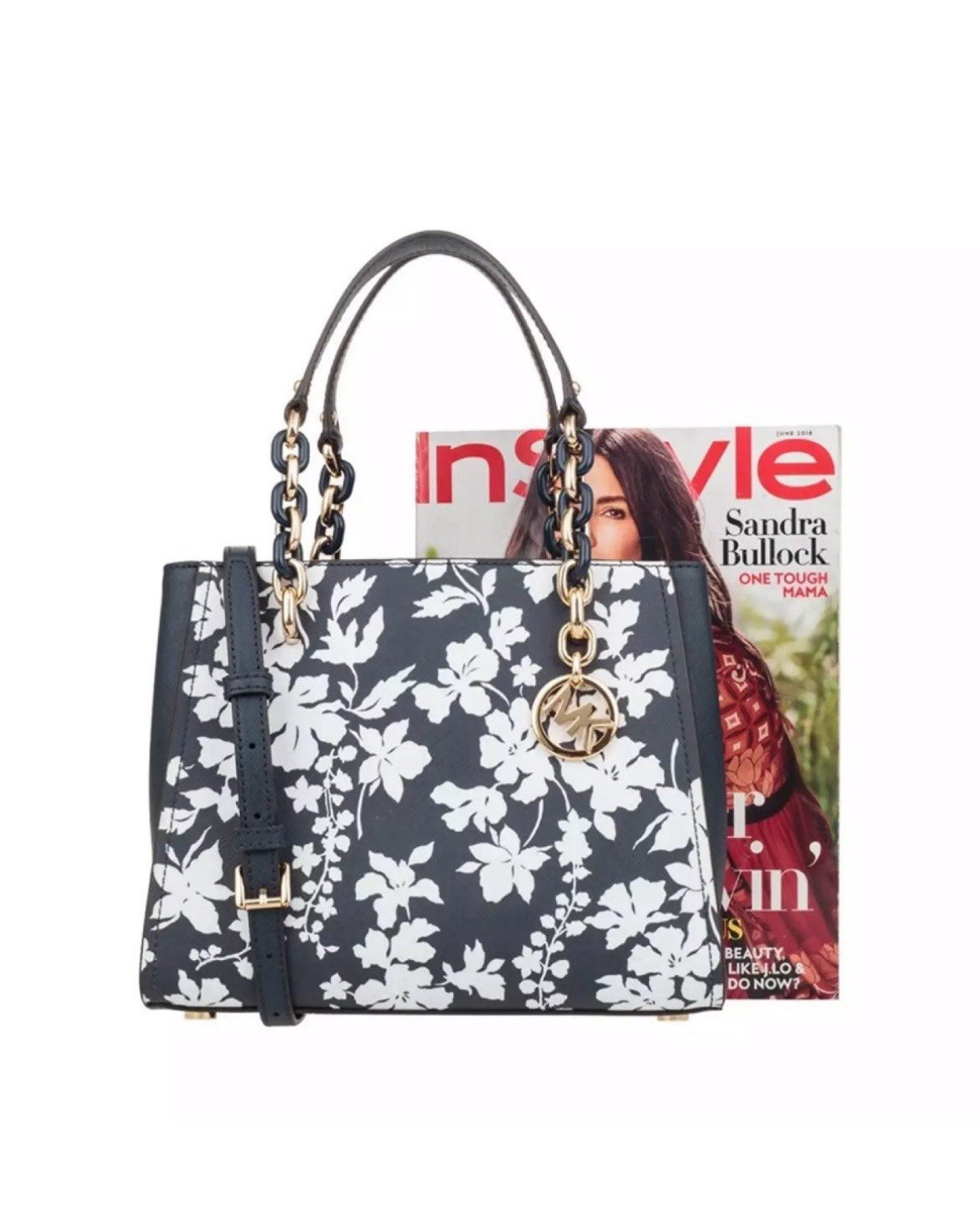 NWT Michael Kors Sofia Medium Leather Bag With Floral Print In White & Navy