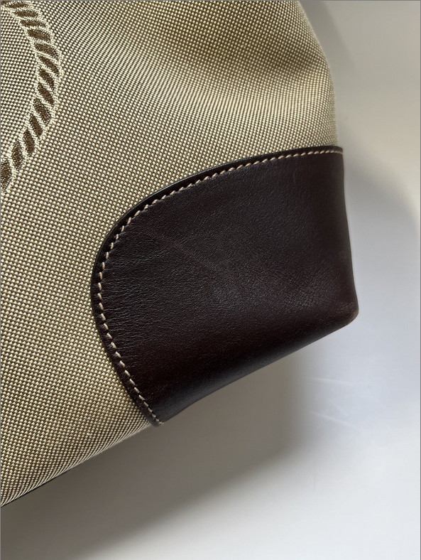 Prada Tote Bag Canvas Leather Beige Brown Silver Hardware Logo Shoulder Purse