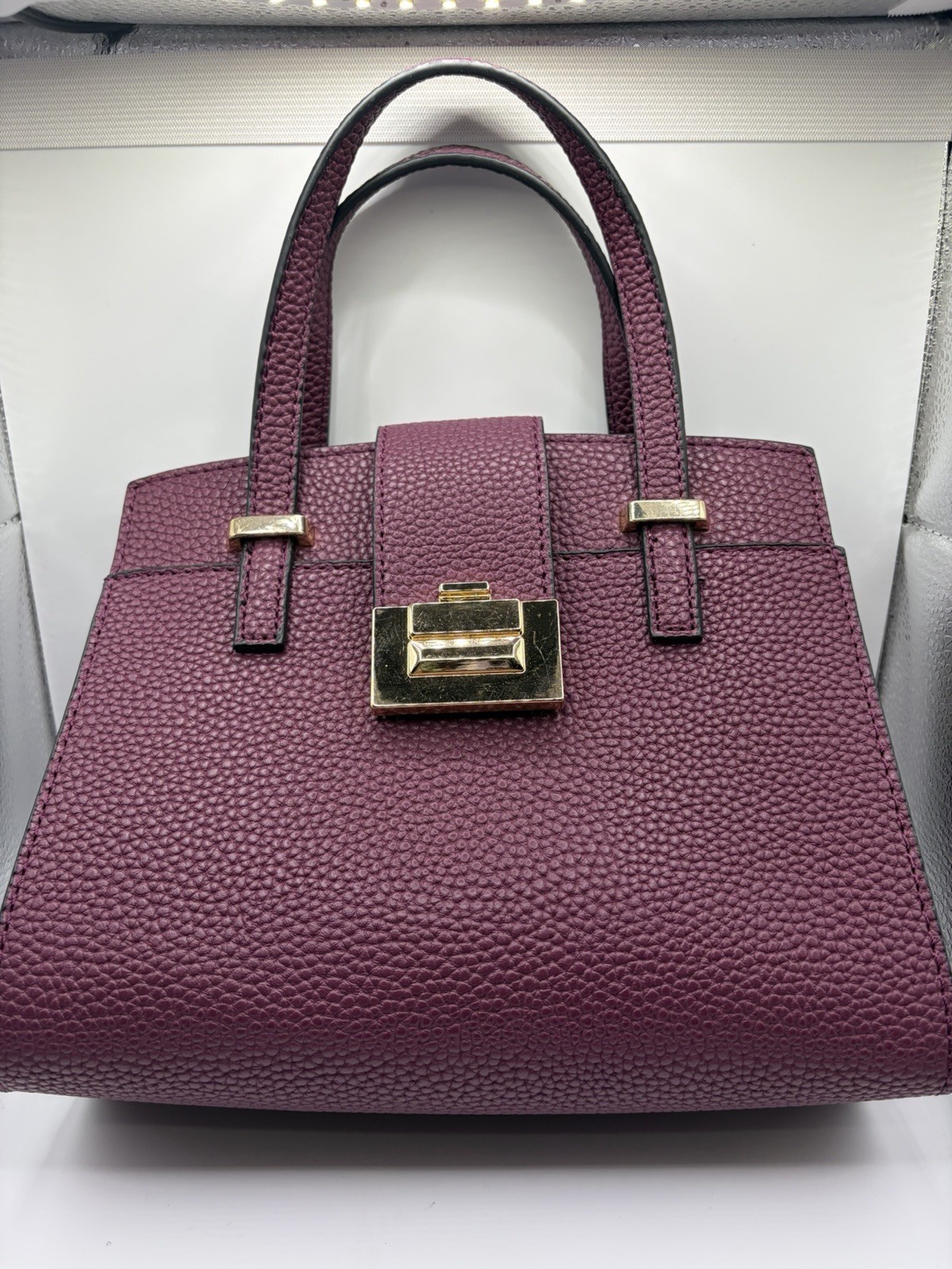 Burgundy Pebbled Satchel Top Handle Turn Lock w/ Detachable Strap, Wallet