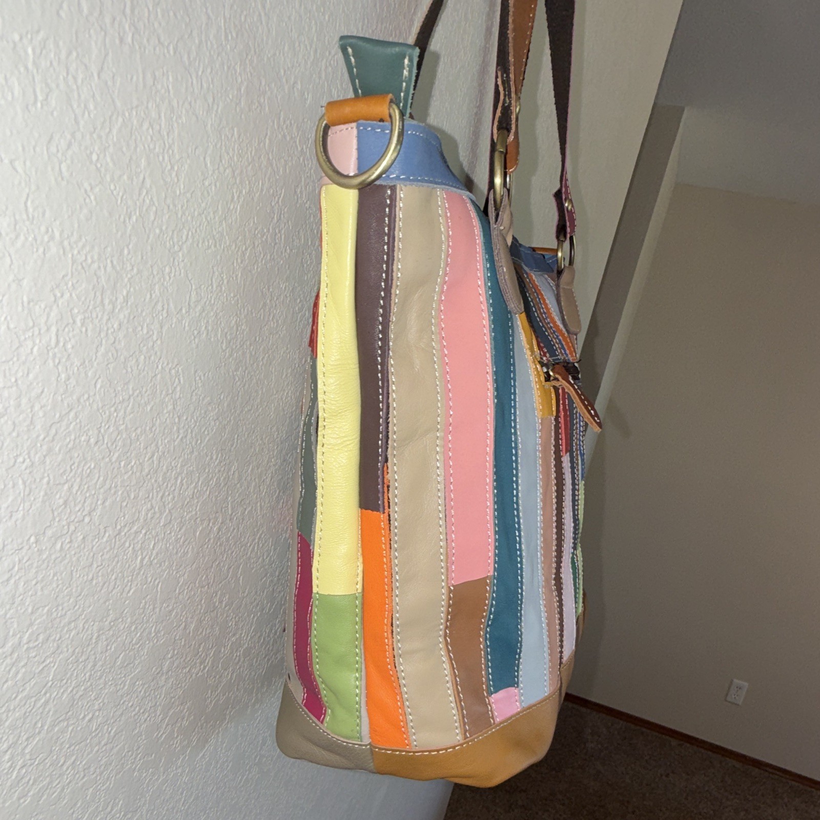 Mohiriya EUC Colorful Patchwork Floral Leather Tote Purse w/ Removable Zip Pouch