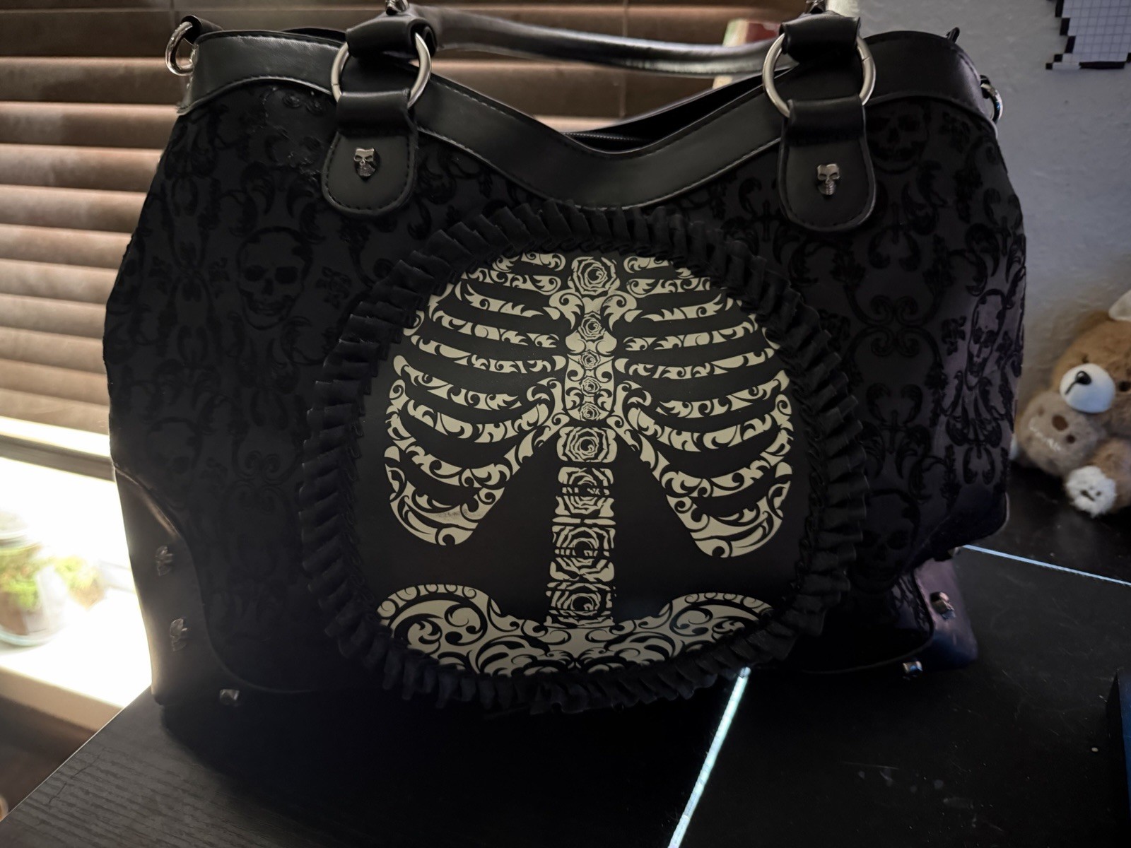 Lost Queen Black Goth Flocked Ribcage Skeleton Cameo Purse Shoulder Bag Large.