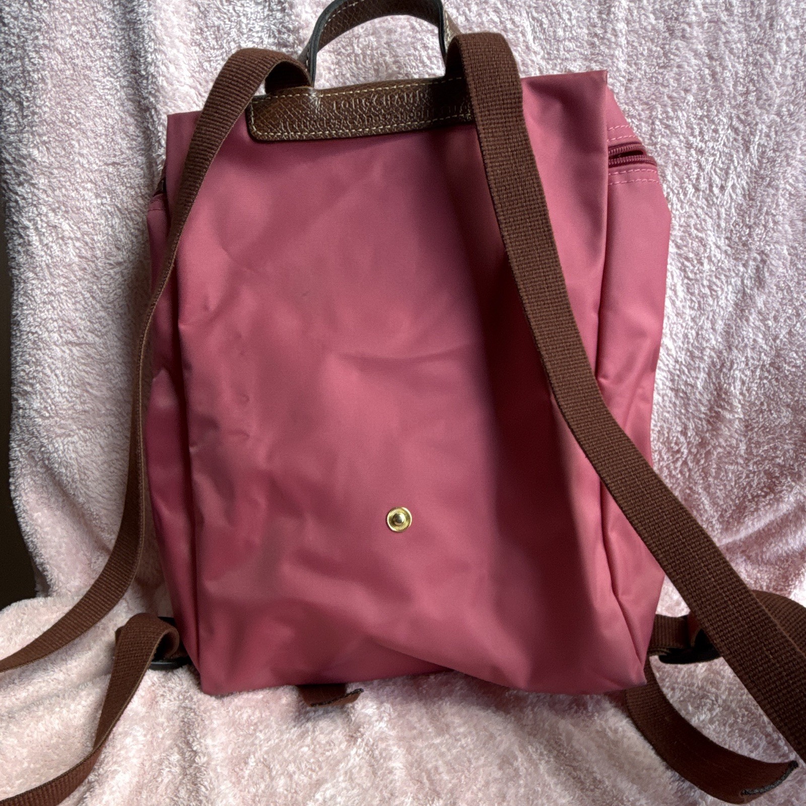 Longchamp Le Pilage Red Backpack Brown Straps Gold Hardware