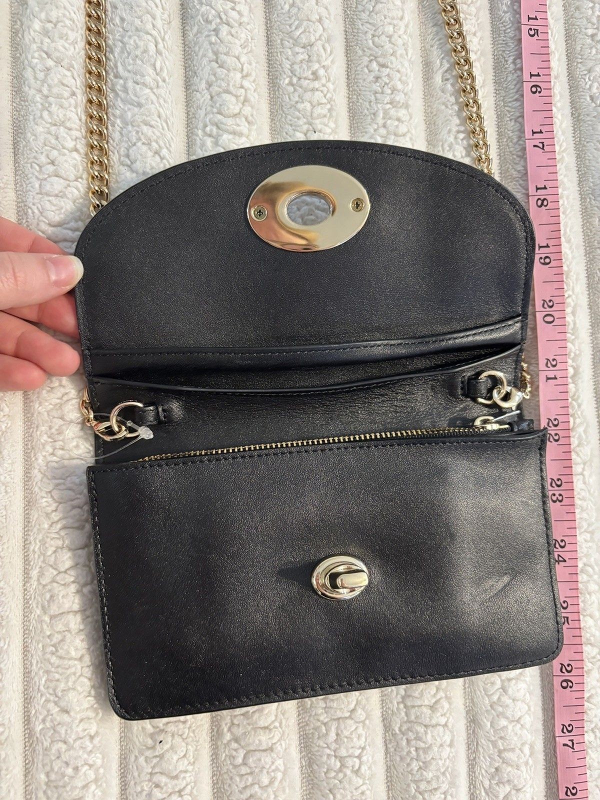 COACH SMOOTH Black Calf Leather Clutch Crossbody – gold chain 53277 wallet