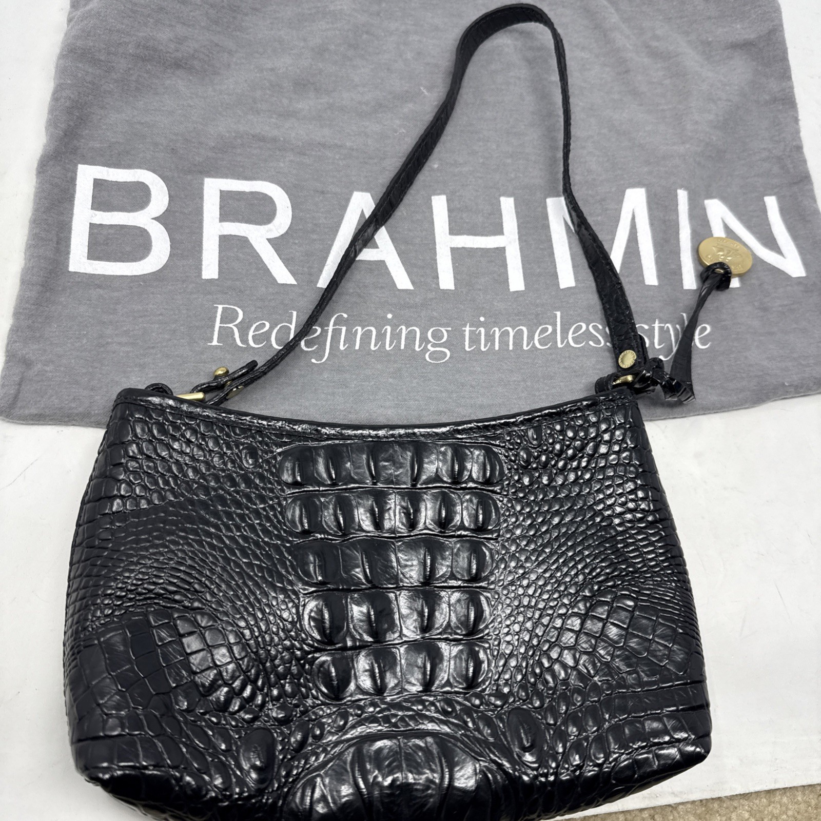 Brahmin Mini Anytime Small Shoulder Bag Black Croc Leather Melbourne