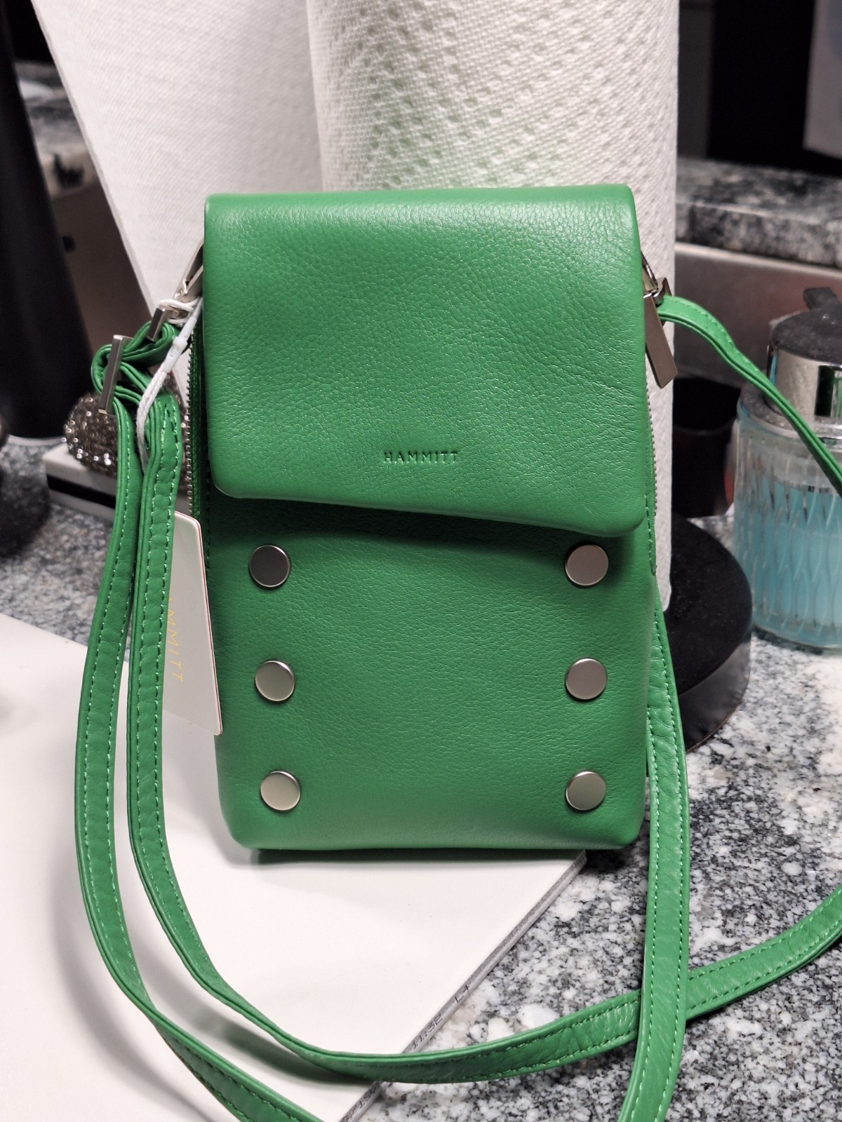 Hammitt VIP Mobile Gallery Row Brushed Silver Crossbody Leather Lime Zest