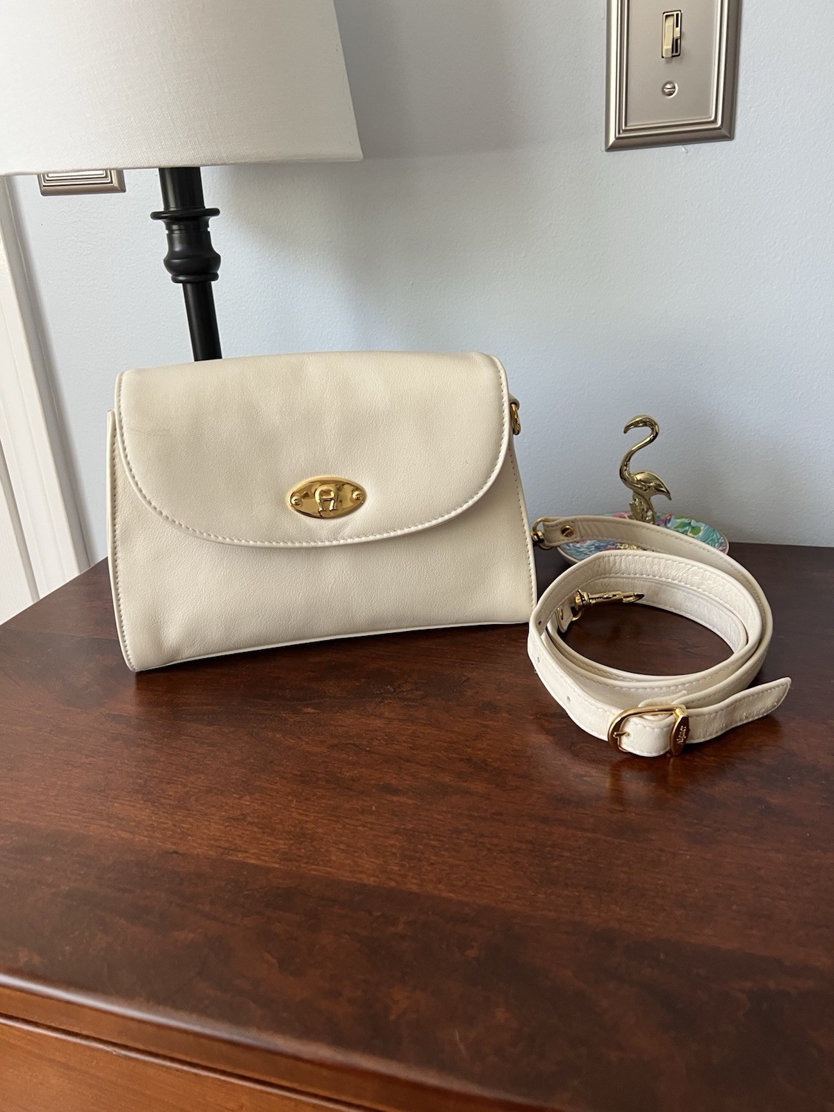 Etienne Aigner Leather Ivory Handbag with Crossbody Adustable Strap Gold Accents