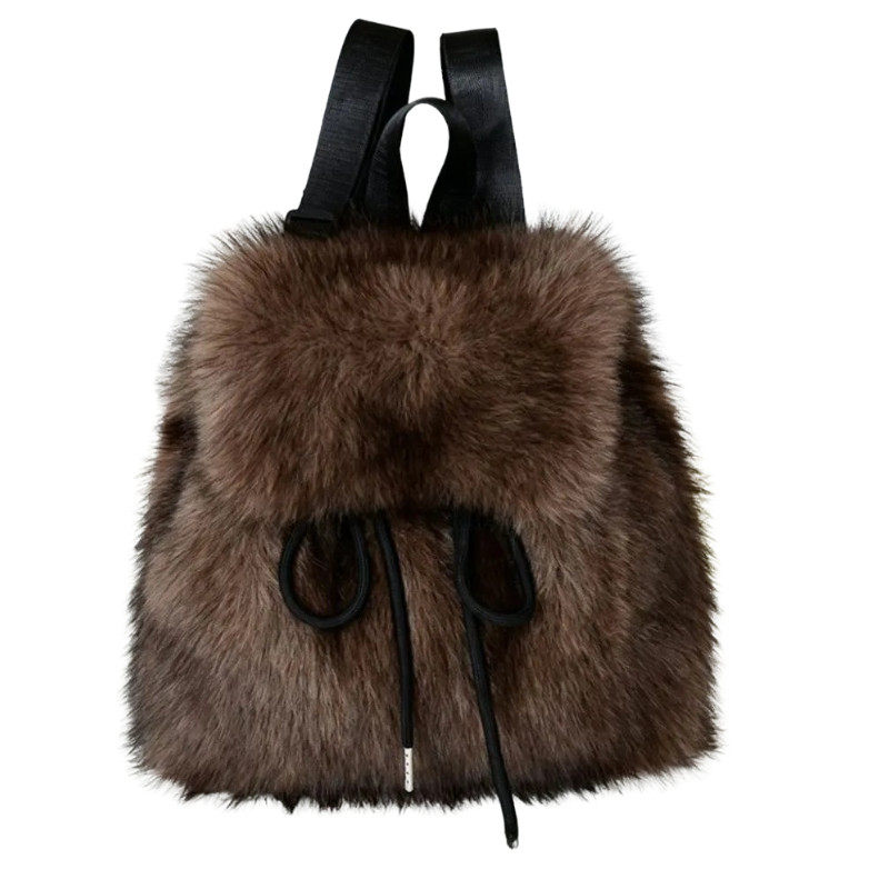Drawstring Faux Fur Backpack Mini Lightweight Daypack with Adjustable Closure