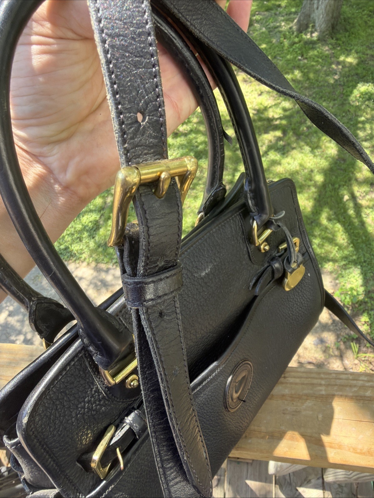 Dooney & Bourke Vtg Blk. Leather Satchel Bag with Gold Accents, Strap Missing