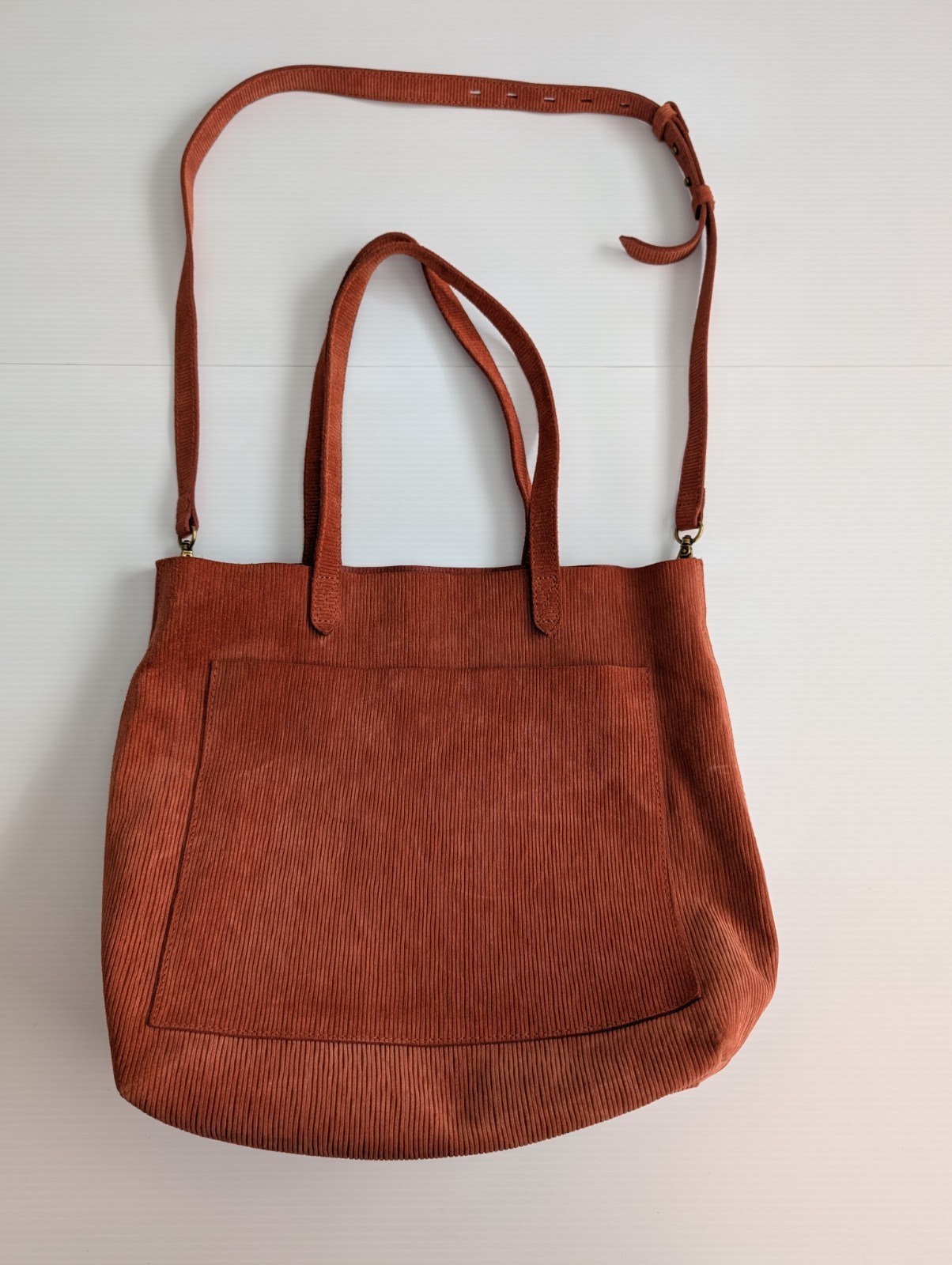 Madewell Ribbed Leather Tote Bag Rust Brown Open Top Shoulder Strap