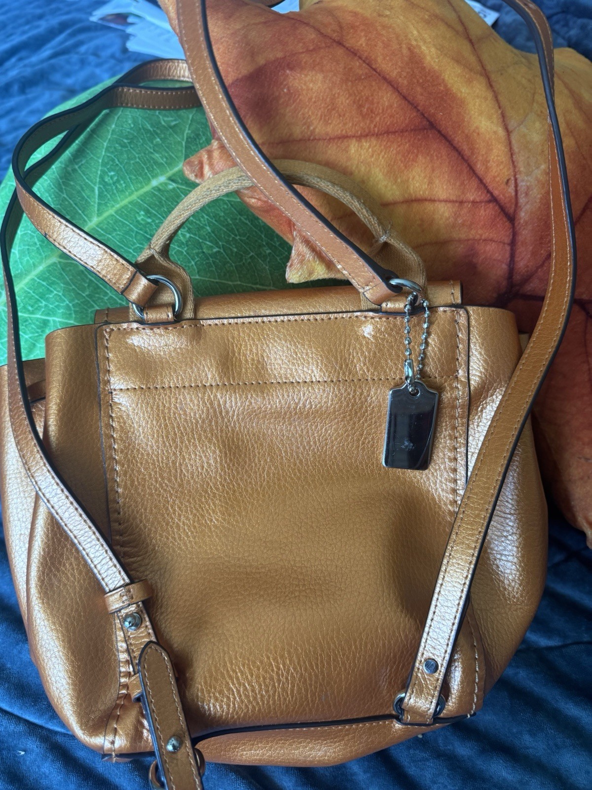 Coach Metallic OrangePebbled Leather Drawstring Backpack w/ Hang Tag, Silver HW