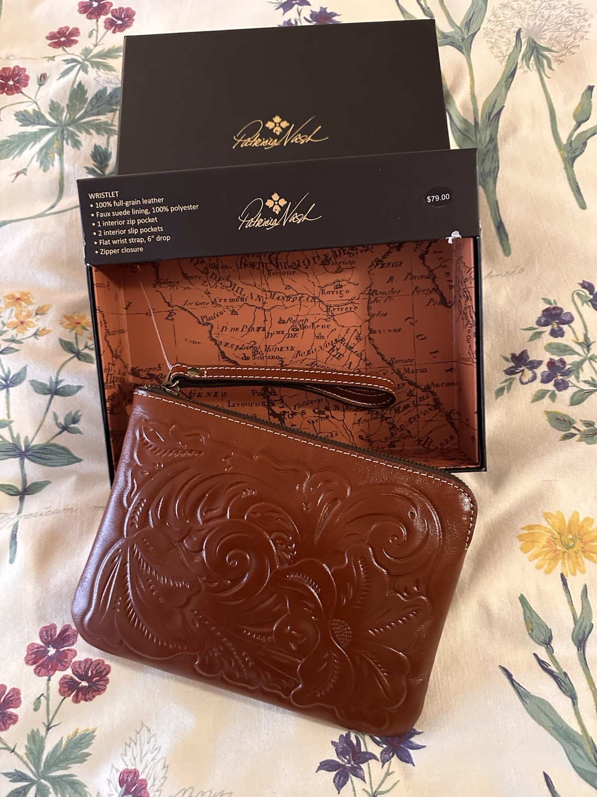 Patricia Nash Cassini Tooled Leather Wristlet Pouch in Florence Brown