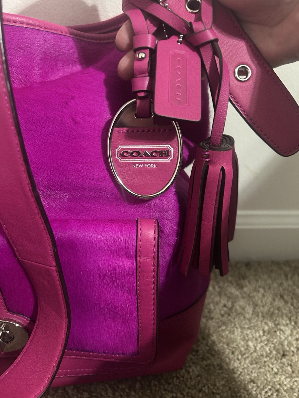 ​Coach Limited Edition Fuchsia Pink Calf Hair Legacy Duffle Tassel Bag #21158