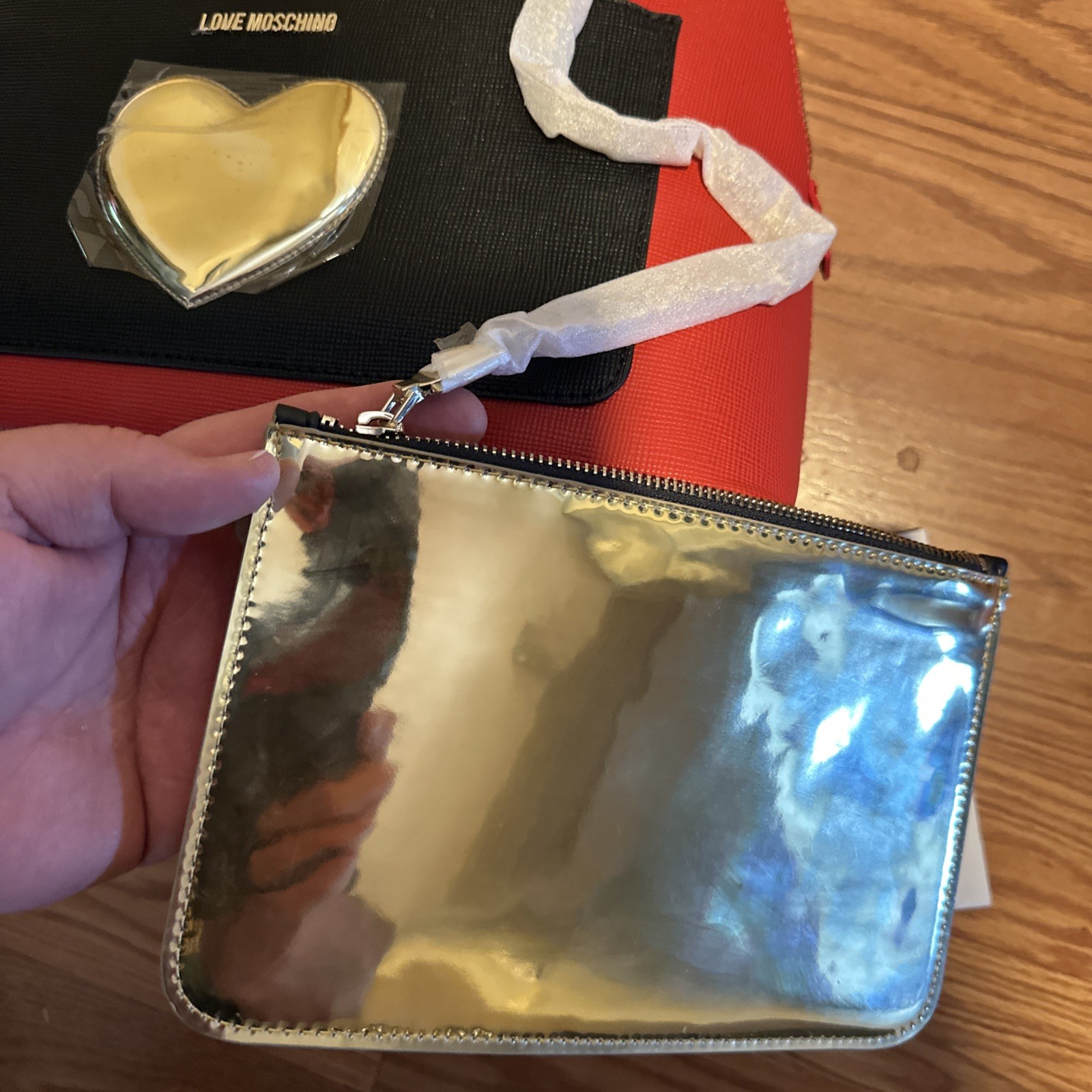 Love Moschino Red Black Gold Satchel with Heart, Chain, Logo & Coin Purse