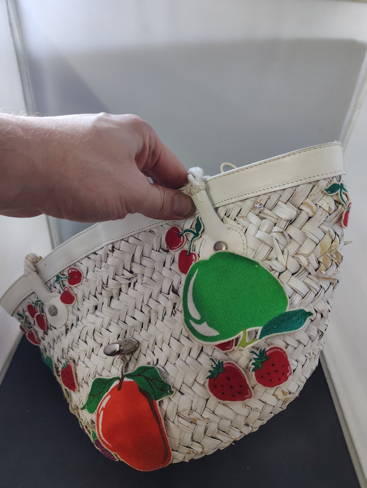 Authentic D&G Women’s Medium Crescent Shoulder Bag Fruit Print Zip Raffia Wicker