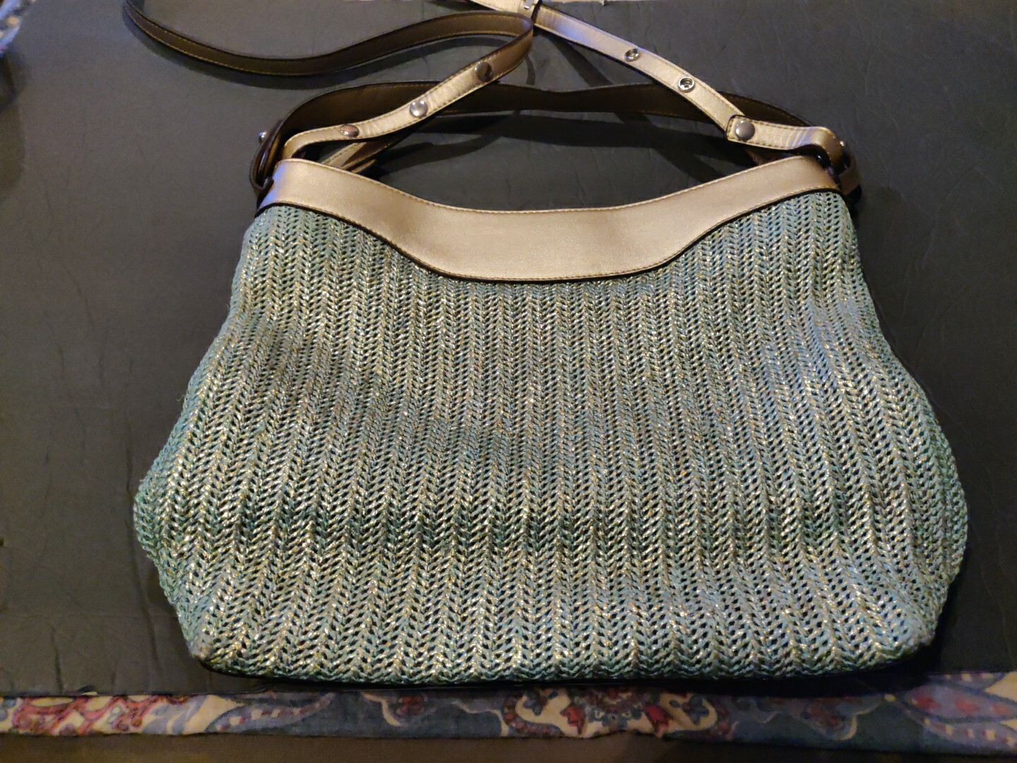 Vintage Woman’s Robert Pietri Metallic Gold/Aqua Woven Mesh Handbag Purse