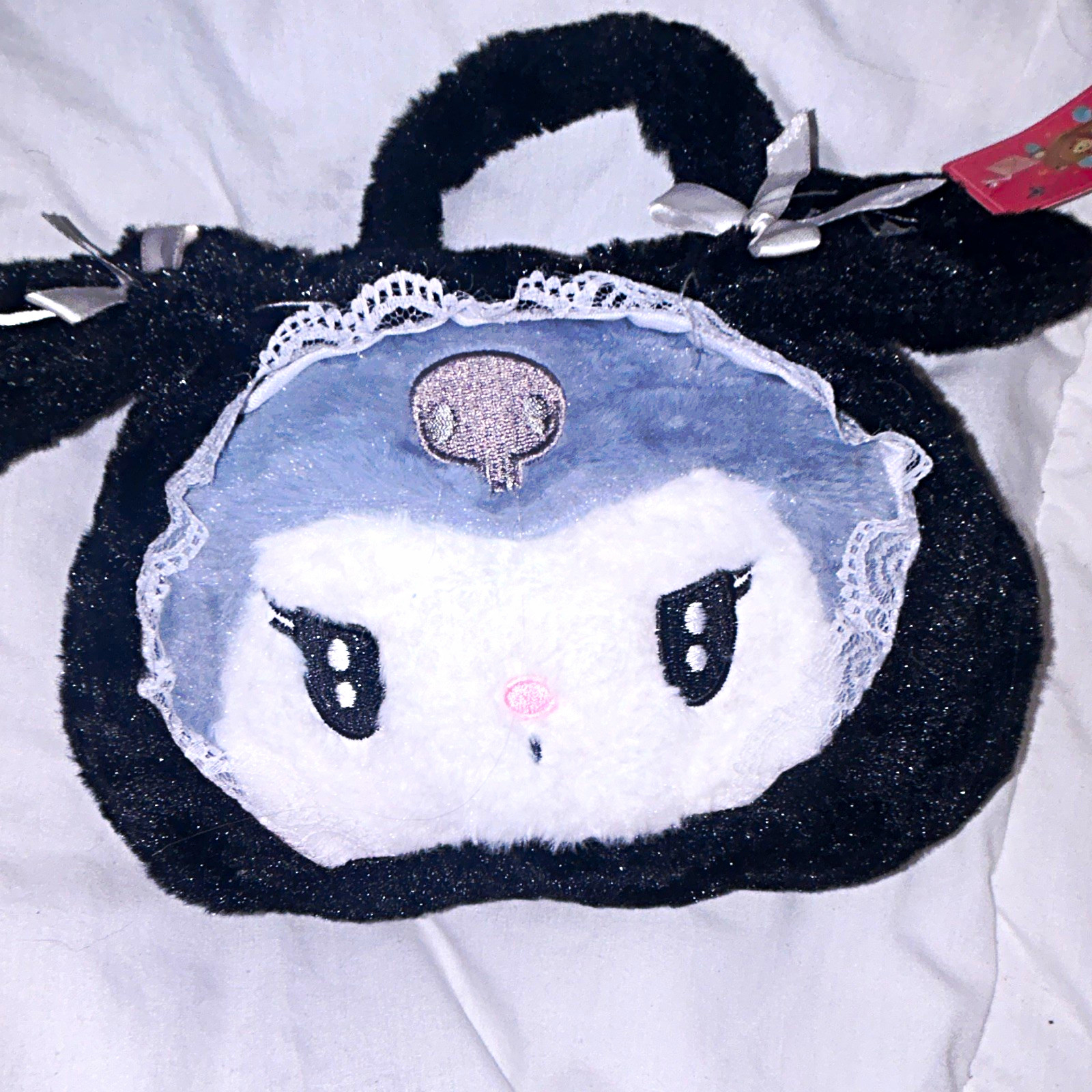 Kuromi Plush Top Handle Zip Pouch Handbag Purse Lined Bow Lace Black White