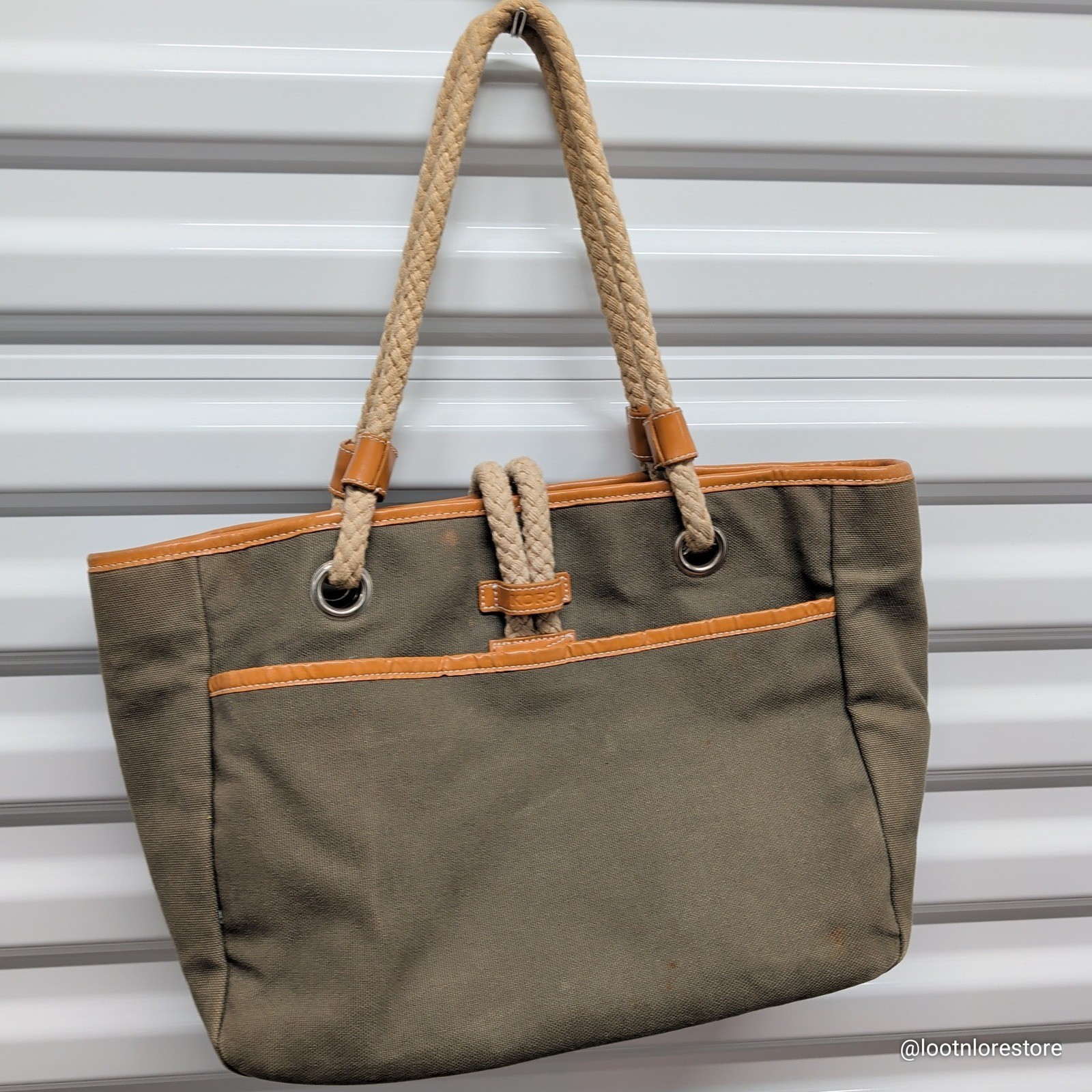 Michael Kors KORS Canvas Tote Bag Olive Green Rope Handle Nautical Shoulder Bag