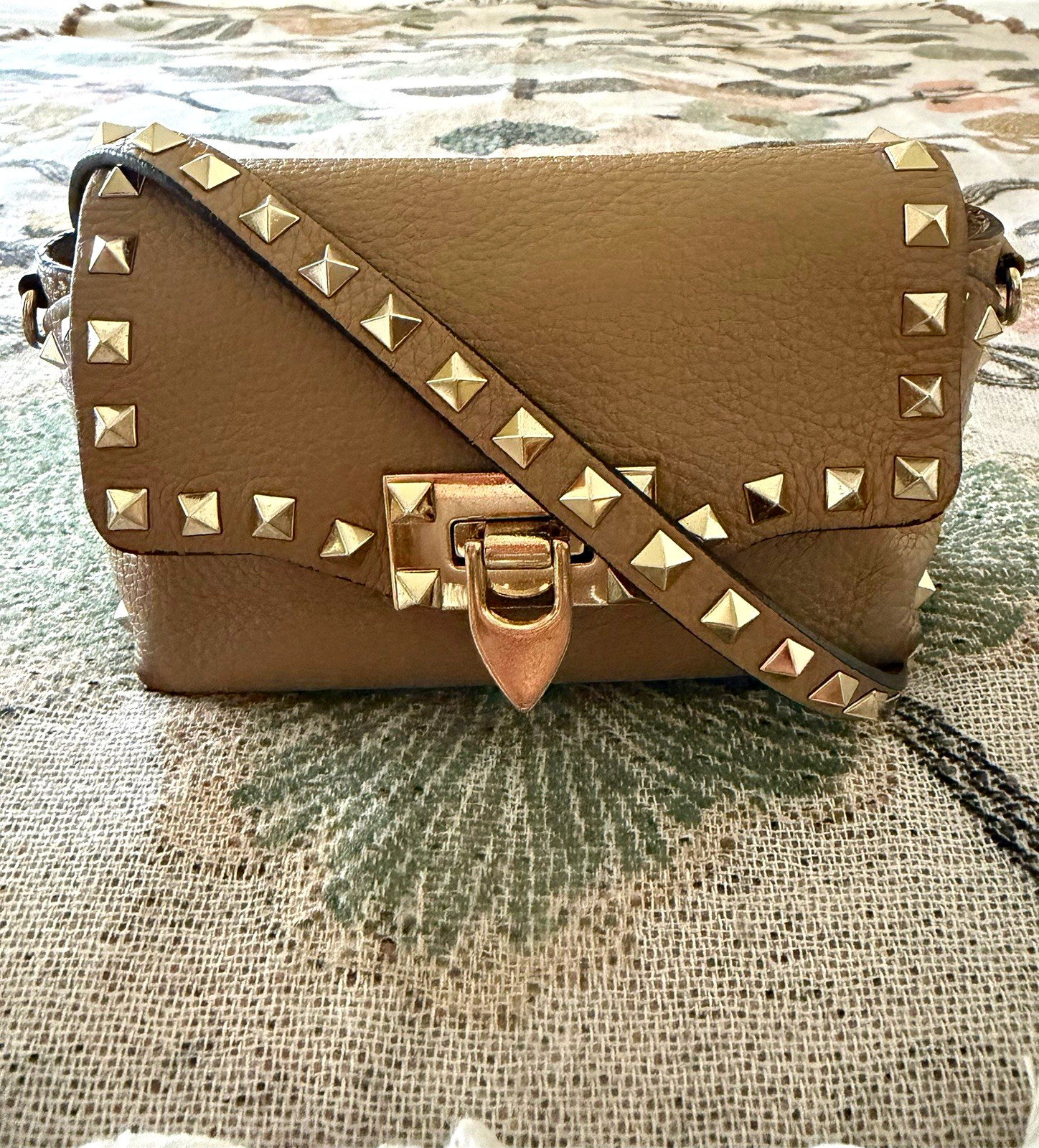 Valentino Garavani Studded Taupe Small Crossbody, Detachable Strap, Gold