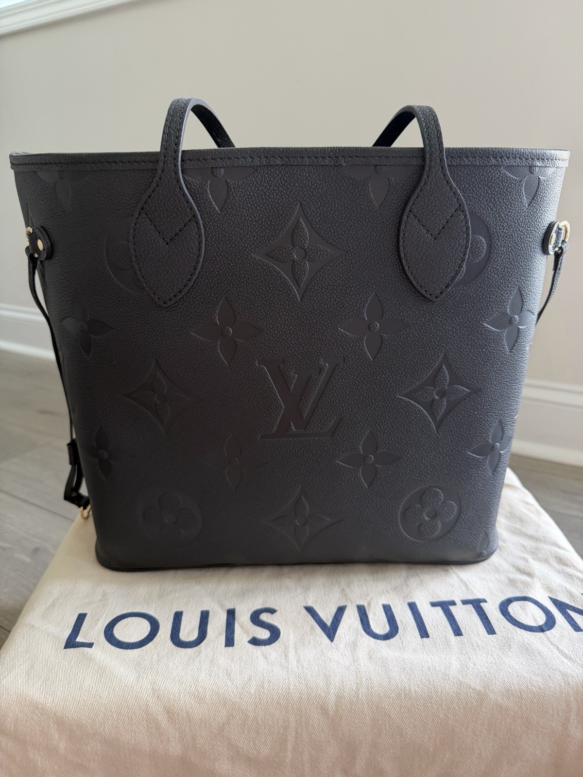 Louis Vuitton Empreinte Giant Monogram Neverfull MM Tote Black Pouch Dust