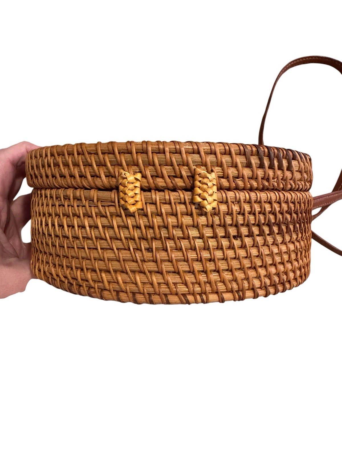 Hand Woven Rattan Wicker Round Crossbody Bag Hard Sided Blue Floral Lining