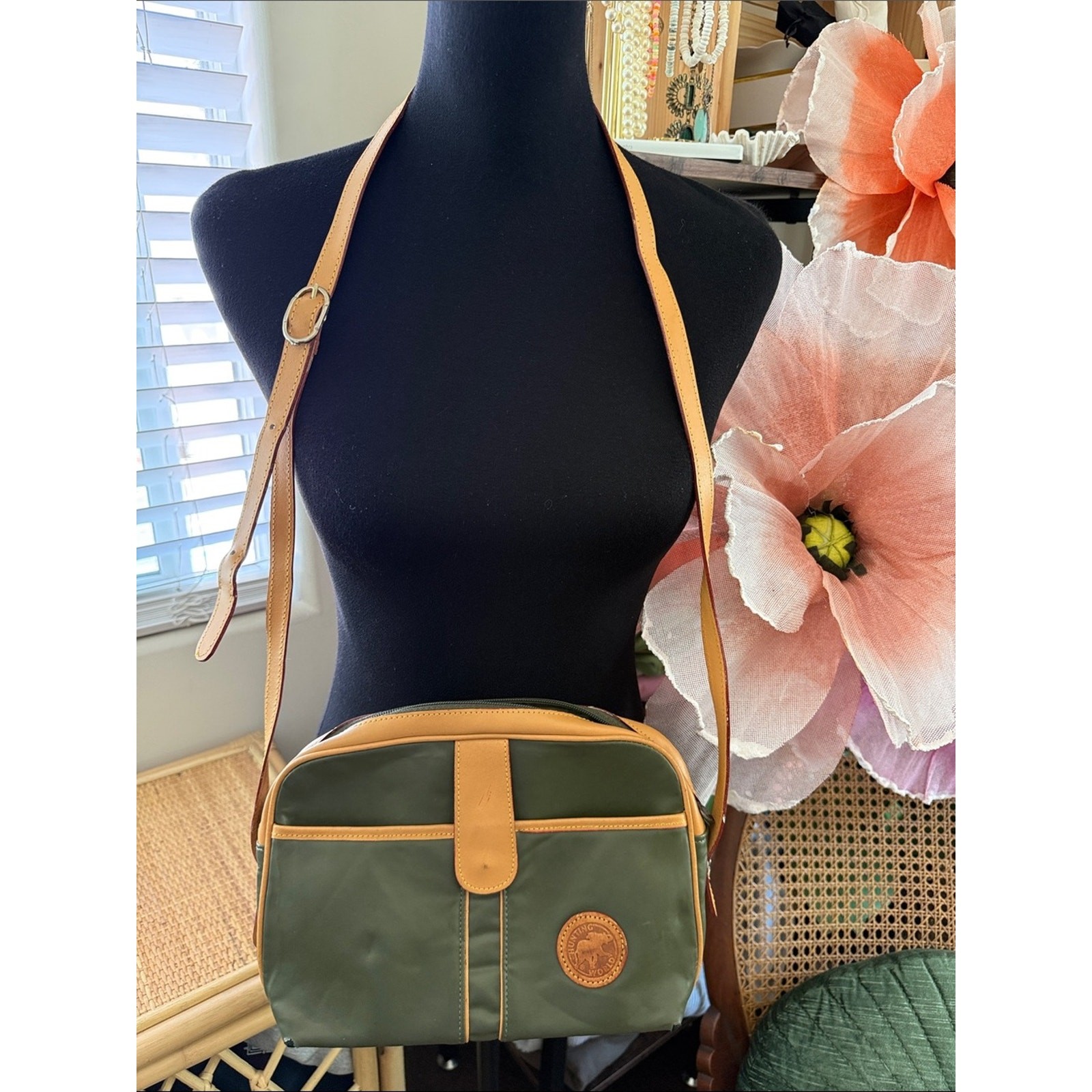 Vintage Hunting World Green & Tan Equestrian Safari Explorer Chic Crossbody Bag