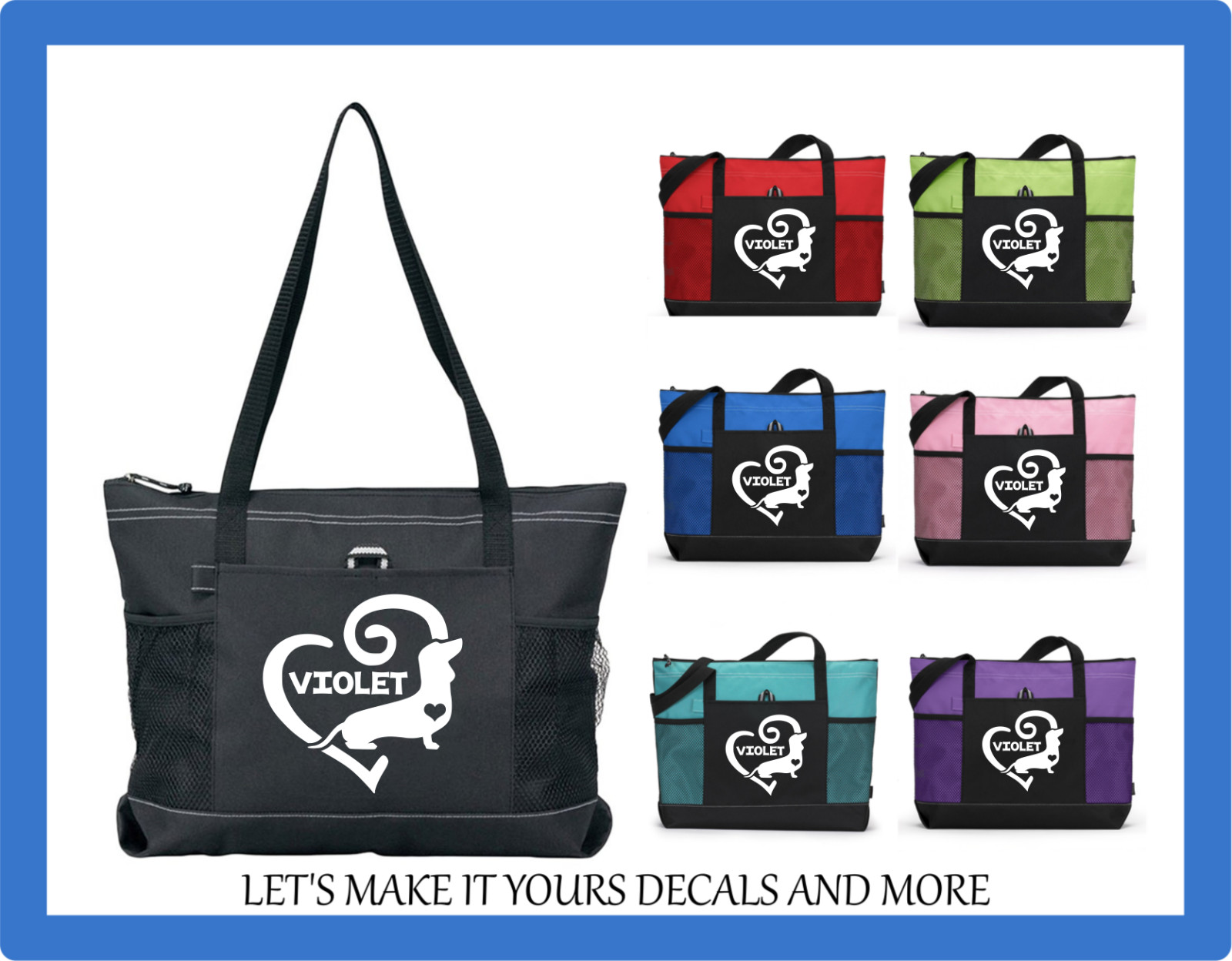 DACHSHUND HEART PERSONALIZED W/ YOUR NAME CUSTOM TOTE PURSE LUGGAGE DIAPER BAG