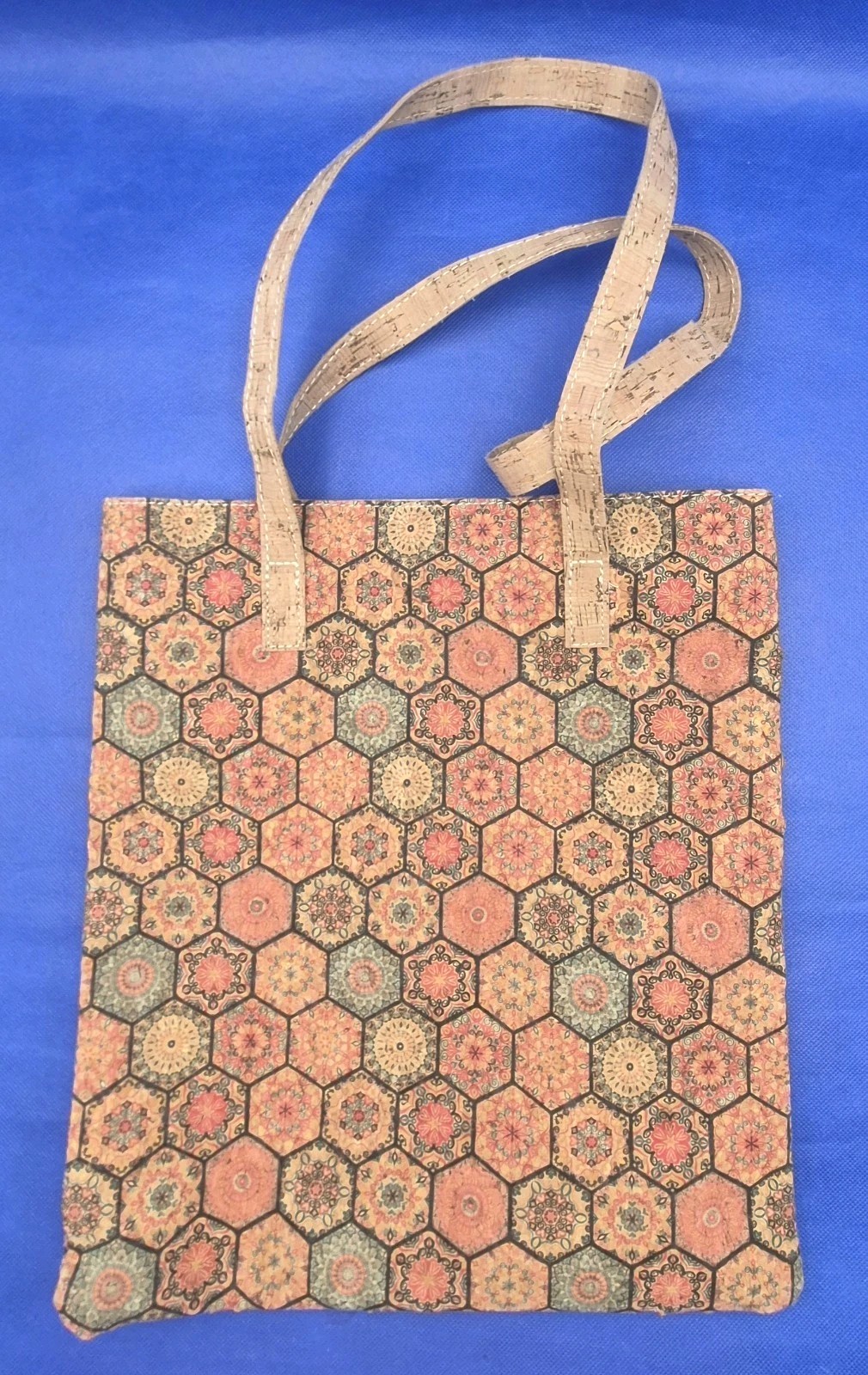 Beautiful Corkcho Hexagon Mosaic Cork Tote Bag Inner Pockets 14×12″
