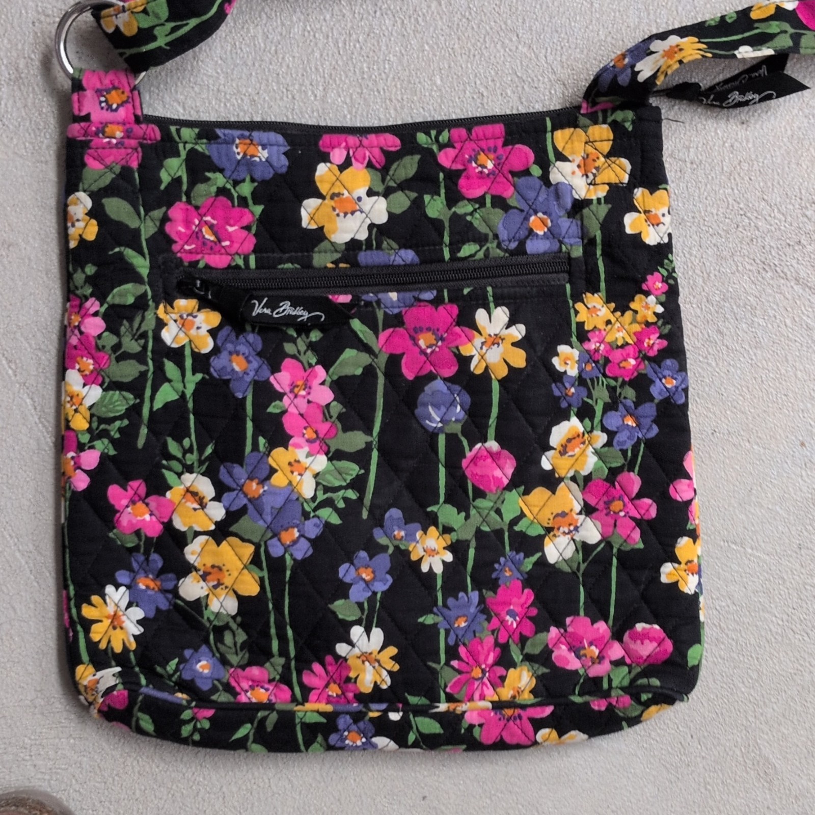 Vera Bradley Floral Black Multicolor Crossbody Bag Zip Closure Outer Pockets