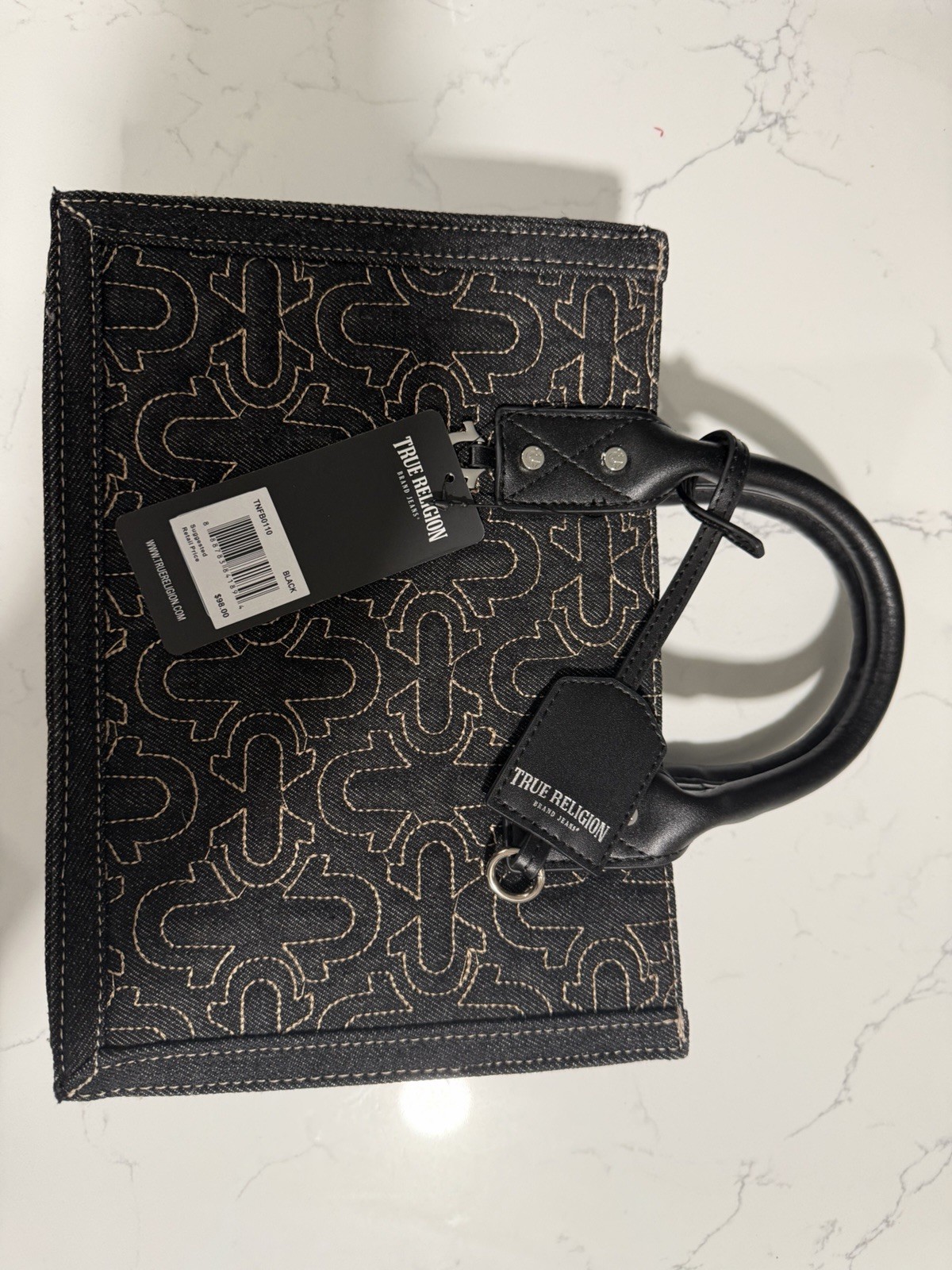 True Religion Black Top Handle Bag Logo & Stitching Accents, Brand Card