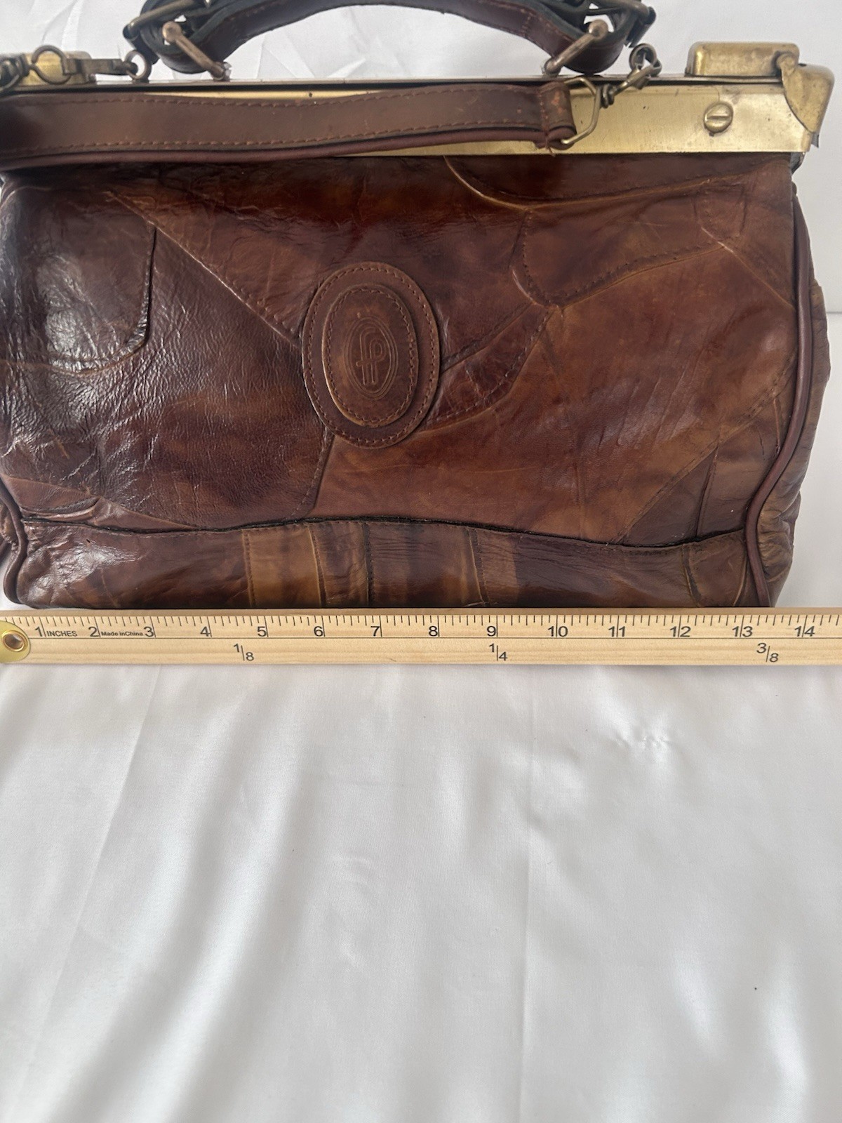 Vintage Patchwork Leather Gladstone Handbag Doctor Midwife Style/ Brass Hinged