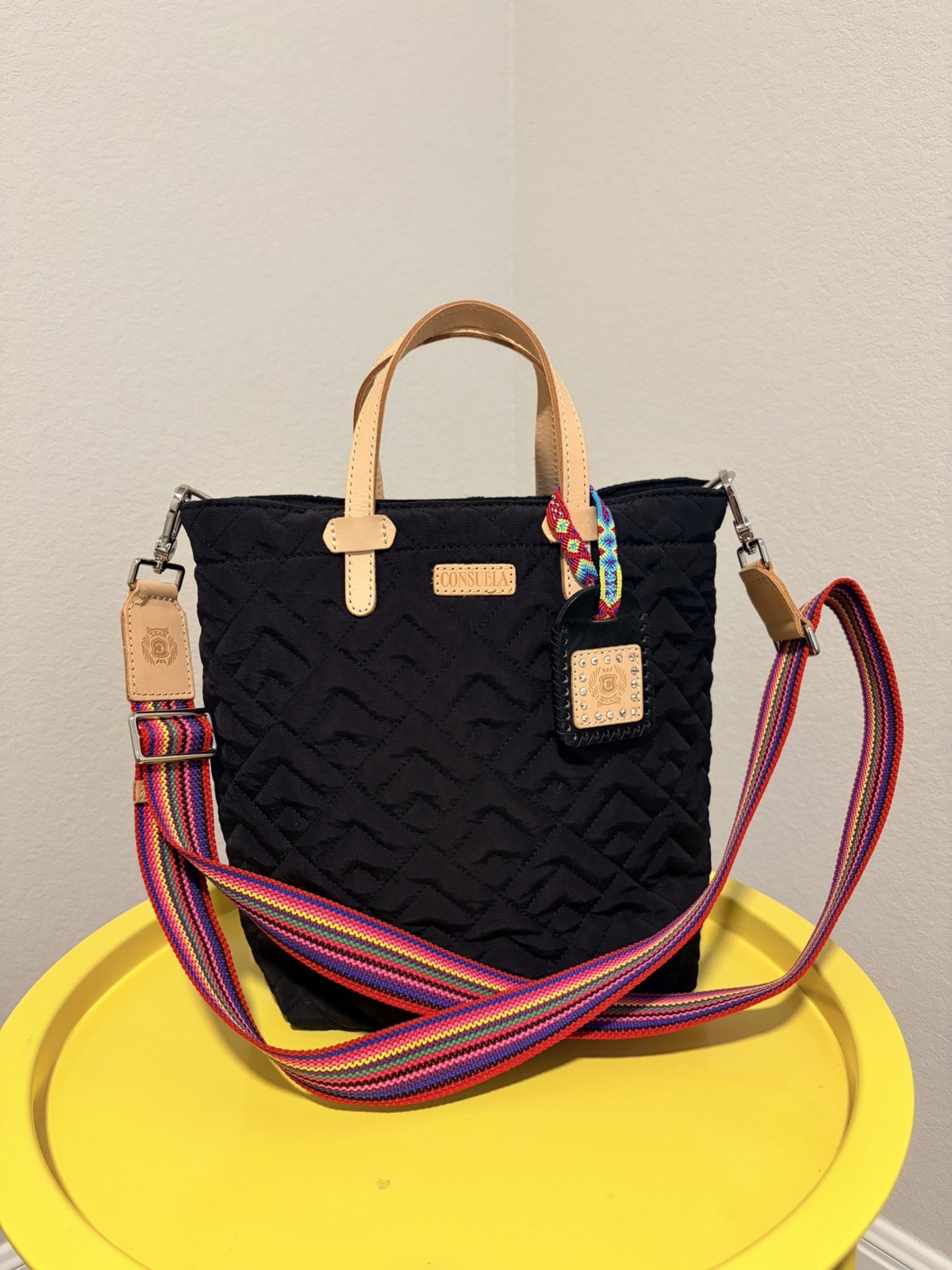 Consuela Black Quilted Chevron Tote Bag Zip Lined Detachable Strap