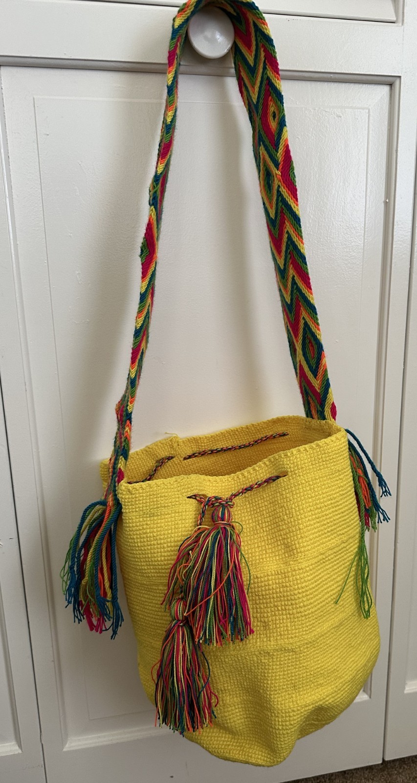 Mexican Woven Shoulder Bag Yellow Multicolor Tassel Boho Folk Art Purse