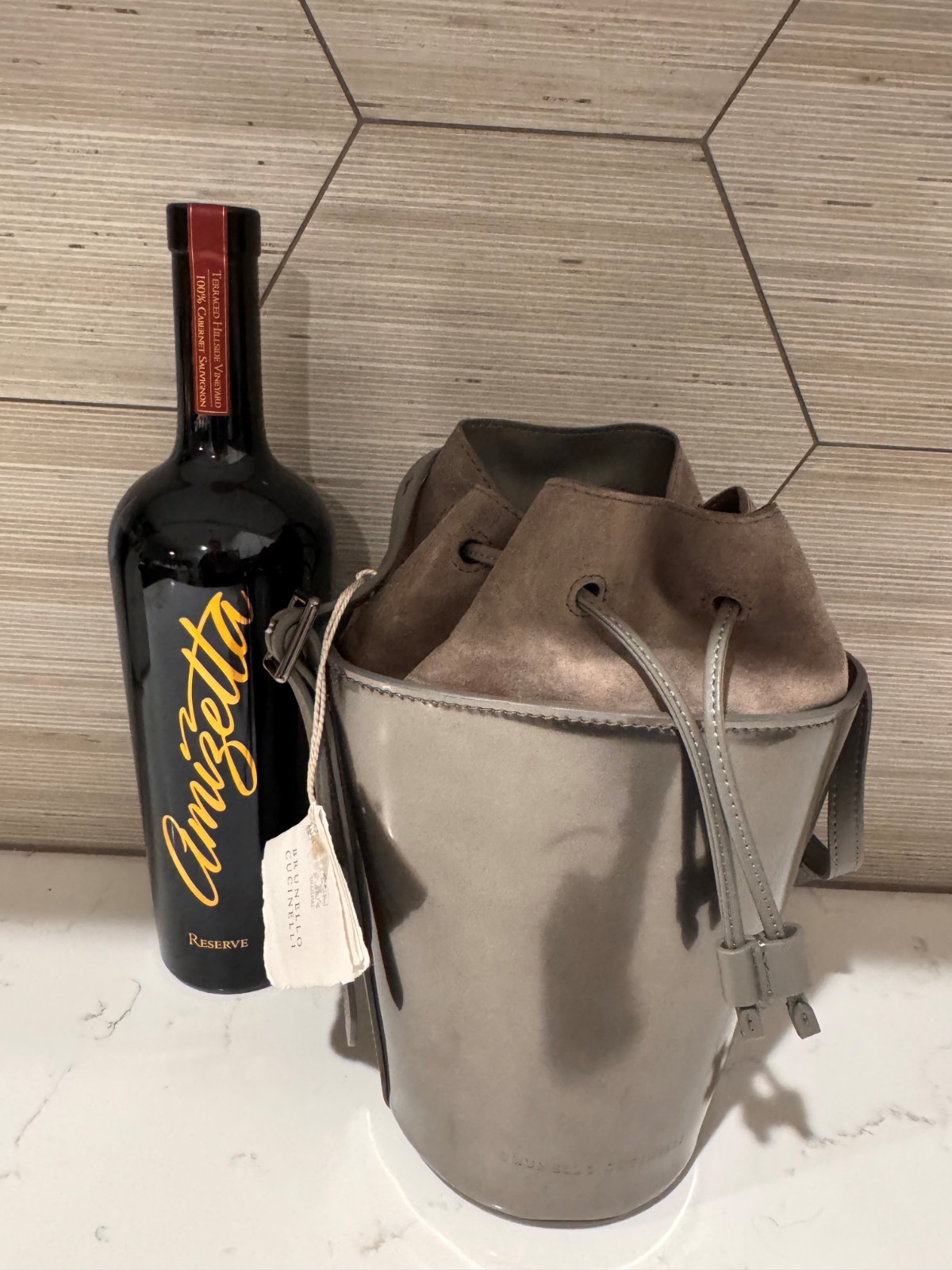 NWT Brunello Cucinelli Metallic Leather Bucket Bag Pewter