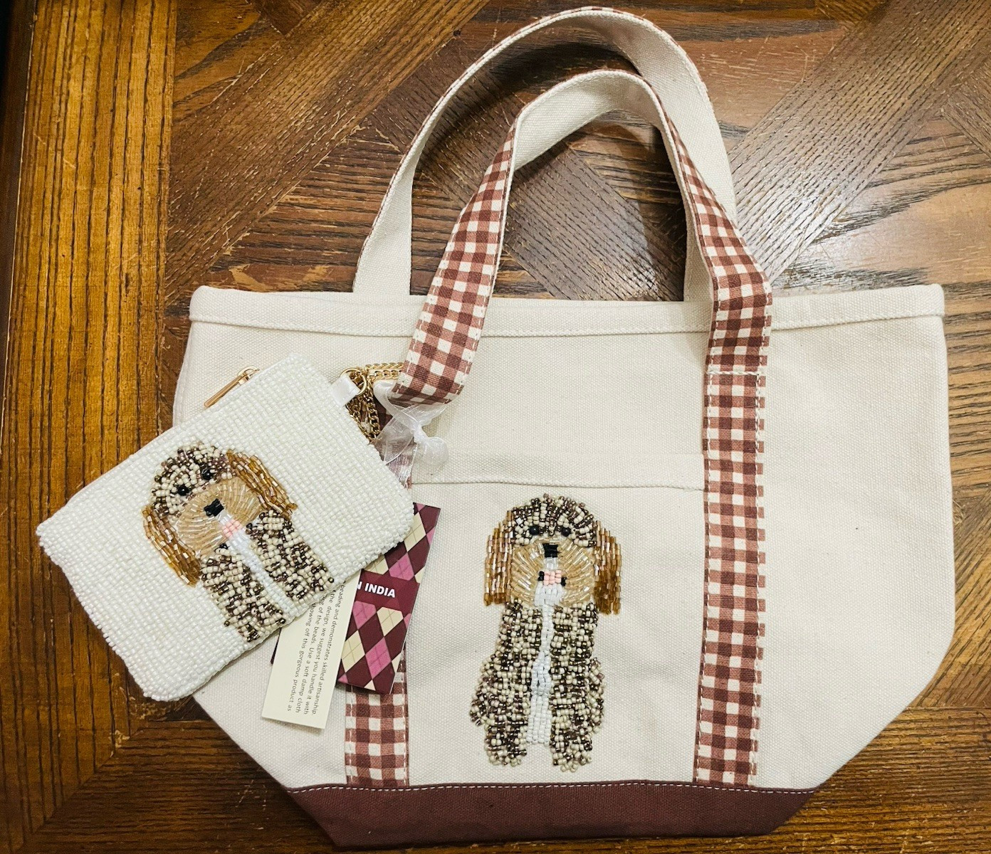 Women’s Tote Bag Beaded Dog, Gingham Double Handles w/ matching coin purse