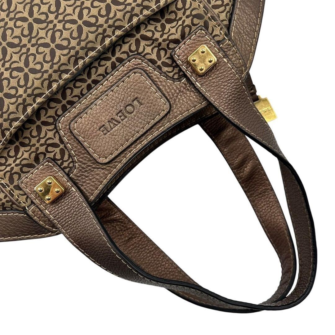 LOEWE Anagram New Road Canvas Leather Handbag Tote Charm Brown Gold 22cm