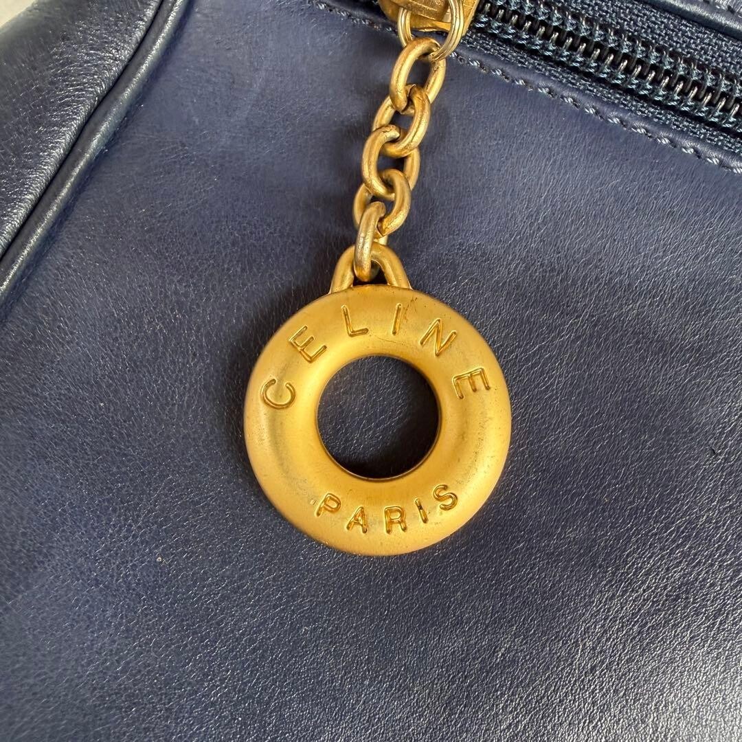 CELINE Navy Leather Top Handle Handbag Gold Circle Logo Y2K Self Standing 73