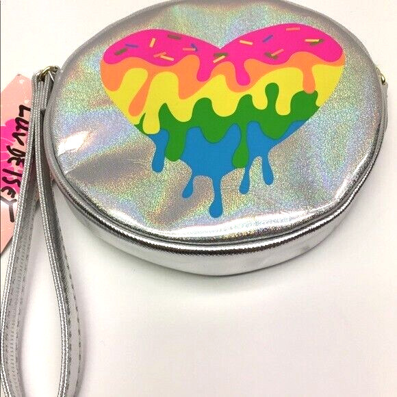 Luv Betsey Johnson Coin Purse Wristlet Holographic Rainbow Drip Heart Clutch NWT